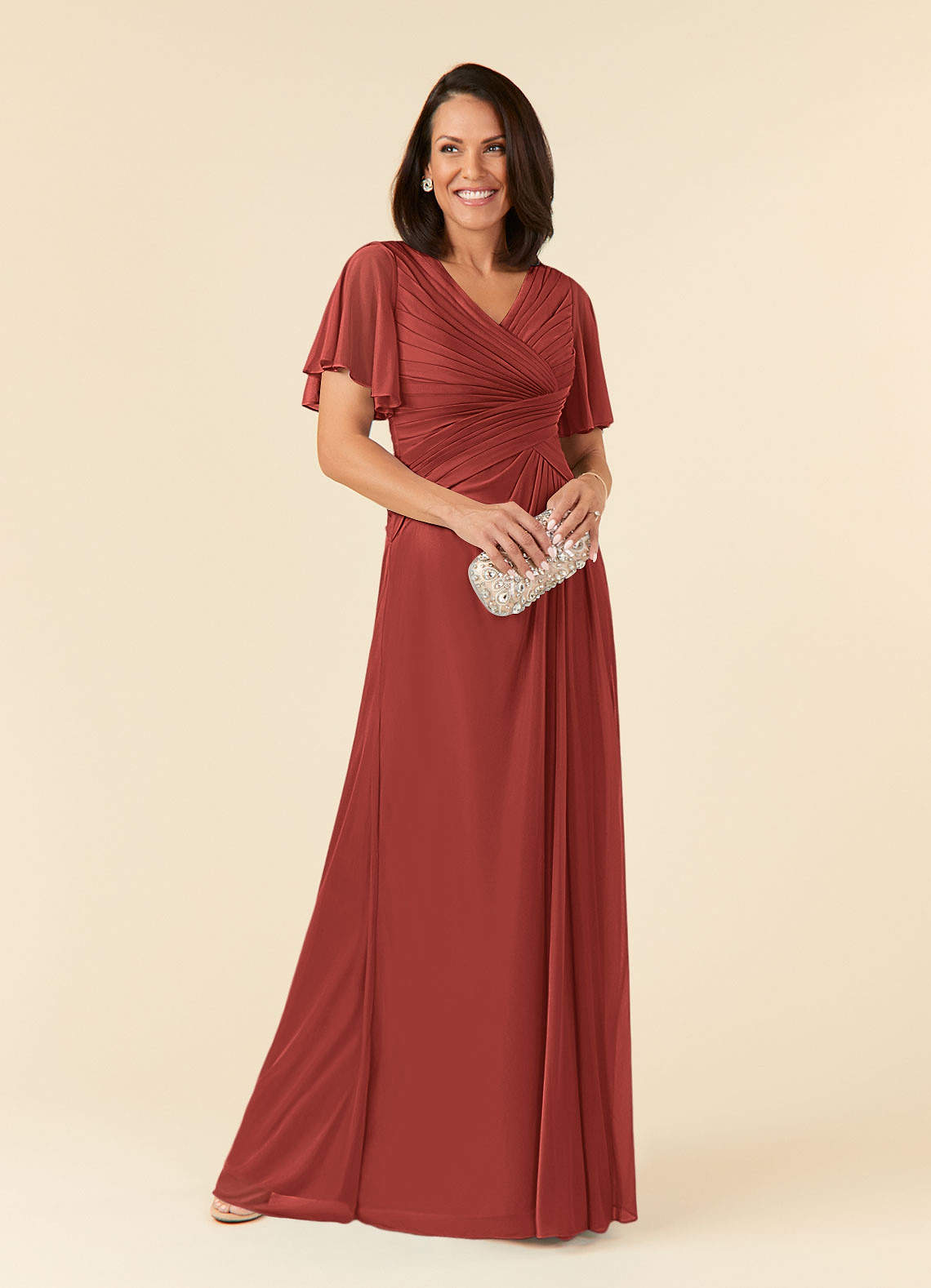 Azazie Emmeline Mother of the Bride Dresses Terracotta A-Line V-Neck Pleated Mesh Dress image1