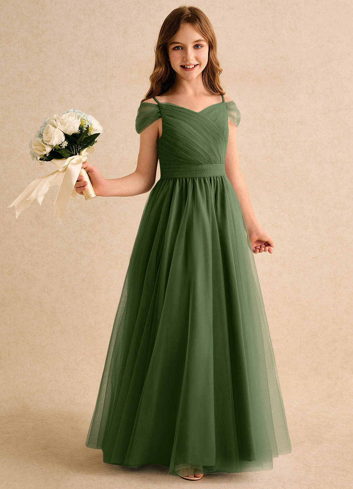 Azazie A-Line/Princess Off The Shoulder Floor-Length Tulle Flower Girl Dresses - Olive
