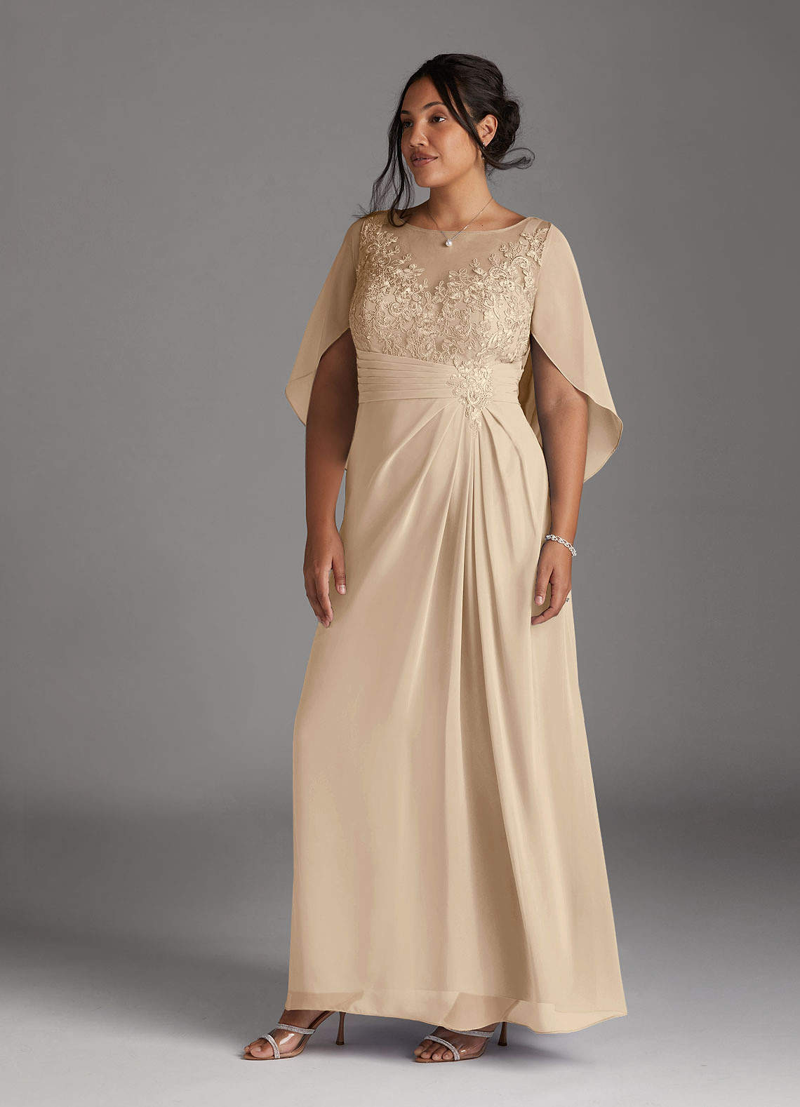 Azazie Hera Mother of the Bride Dresses Champagne A-Line Lace Capelet Chiffon Dress image8