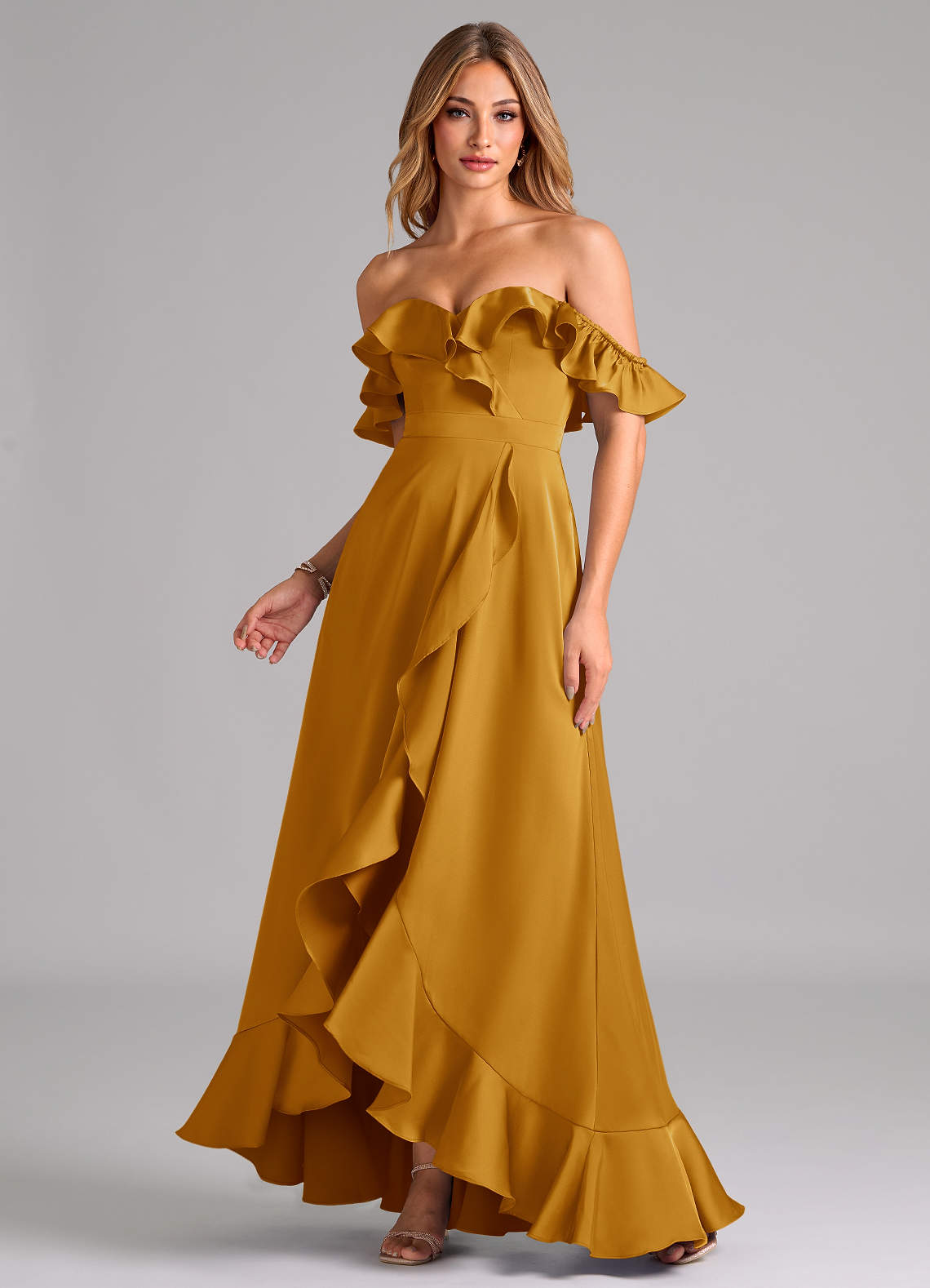 Azazie Lyra Bridesmaid Dresses Butterscotch A-Line Off the Shoulder Stretch Satin Convertible Dress image1