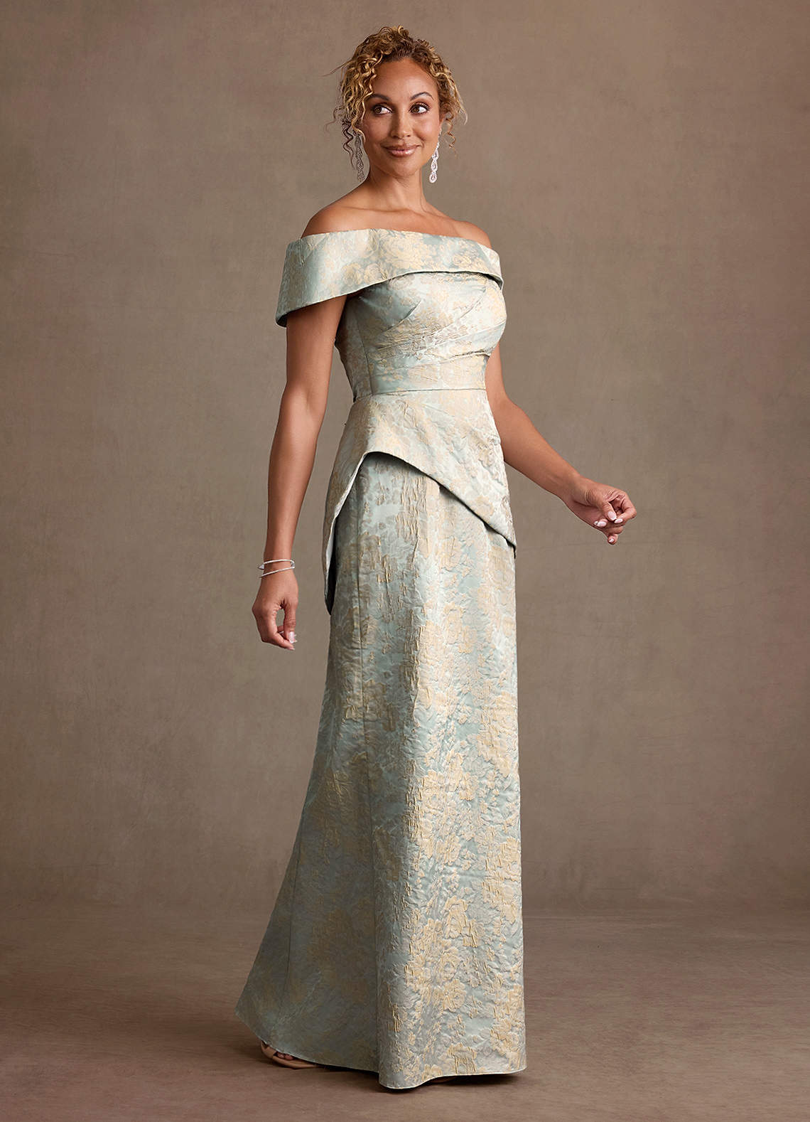 Azazie Kaddar Vintage Blue Sheath Off the Shoulder Floral Jacquard