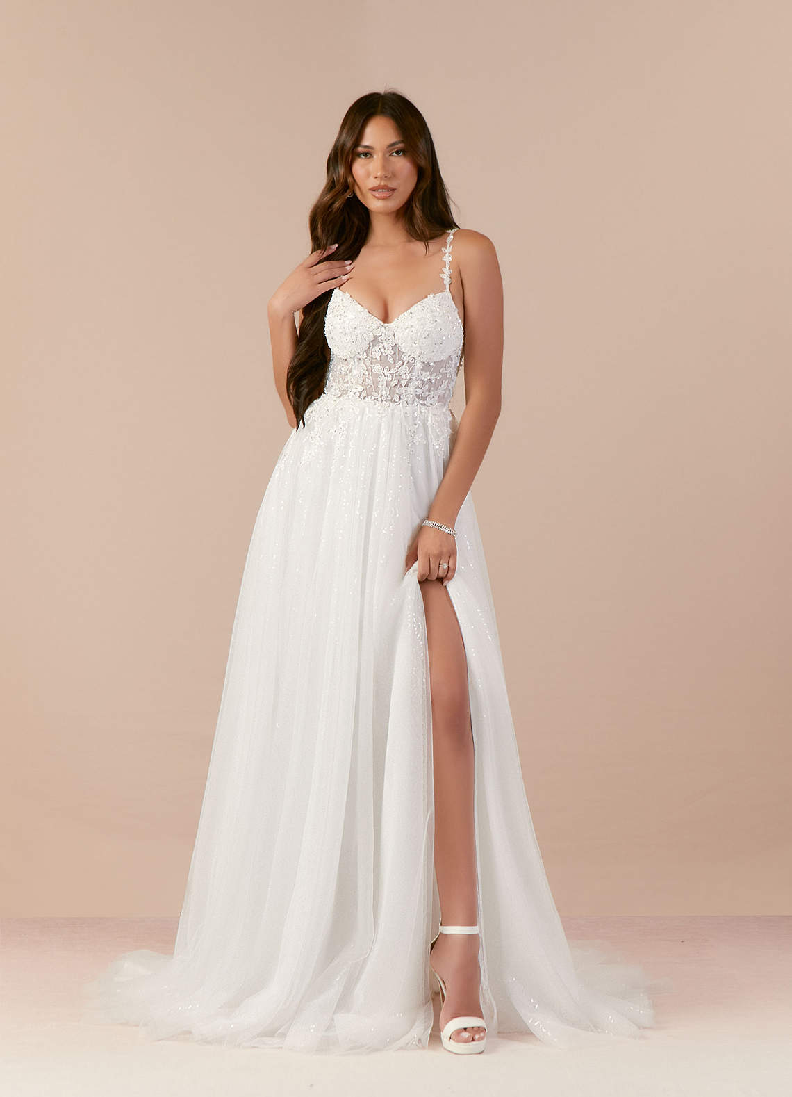 Azazie Florian Wedding Dresses Diamond White A-Line V-Neck Sequins Tulle Dress image3