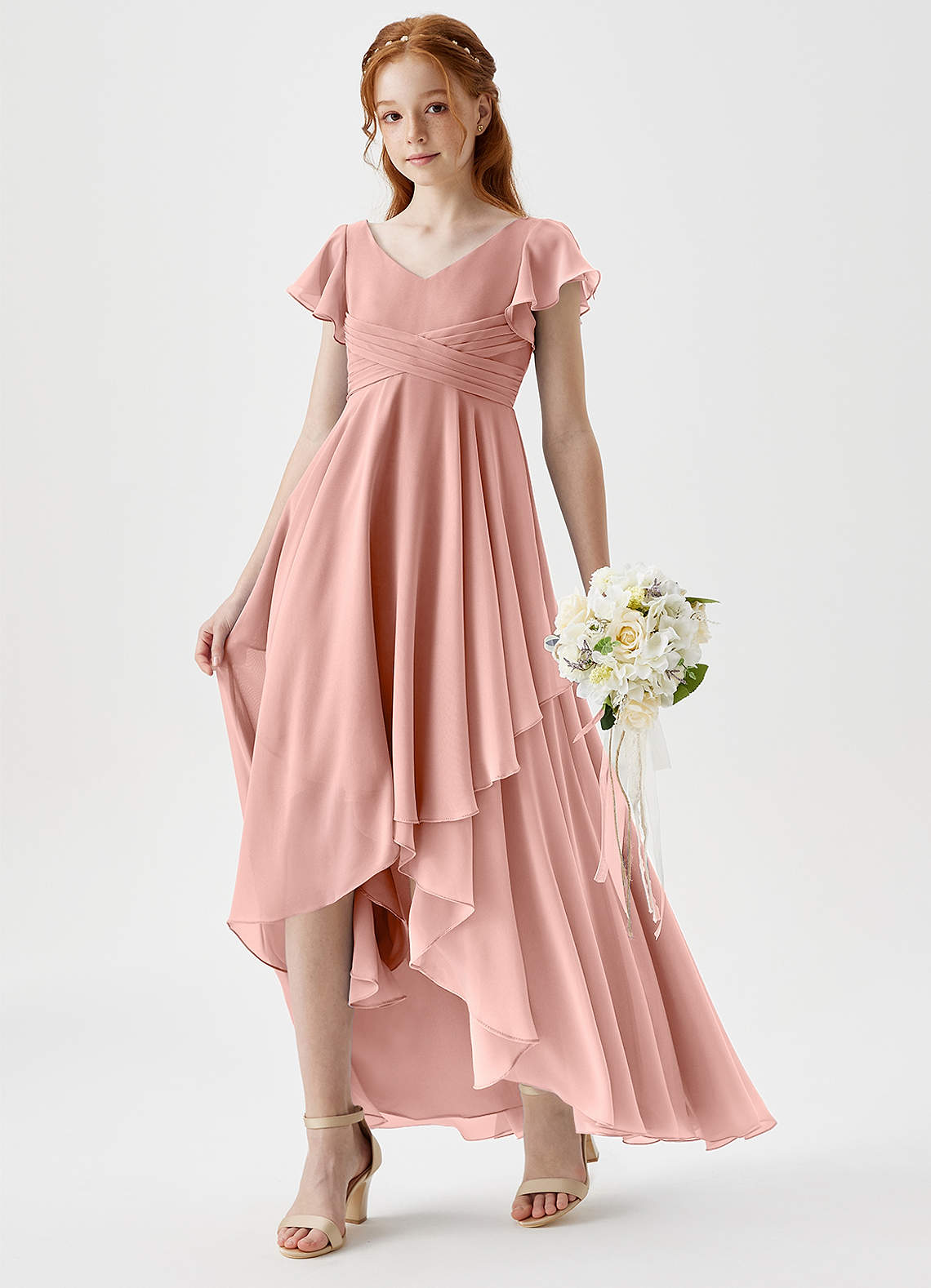 Azazie Caria Junior Rosette A-Line Pleated Chiffon Dress image1