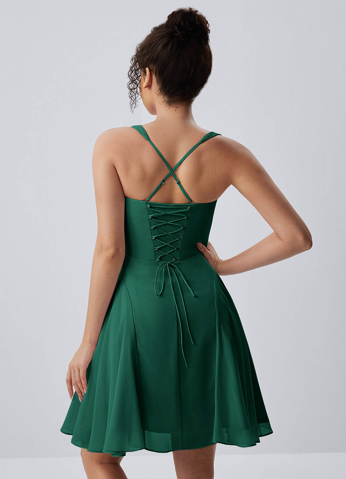 hunter green skater dress Isadora Spaghetti Strap Chiffon Lace-Up Mini Prom and Homecoming Dresses Ebay