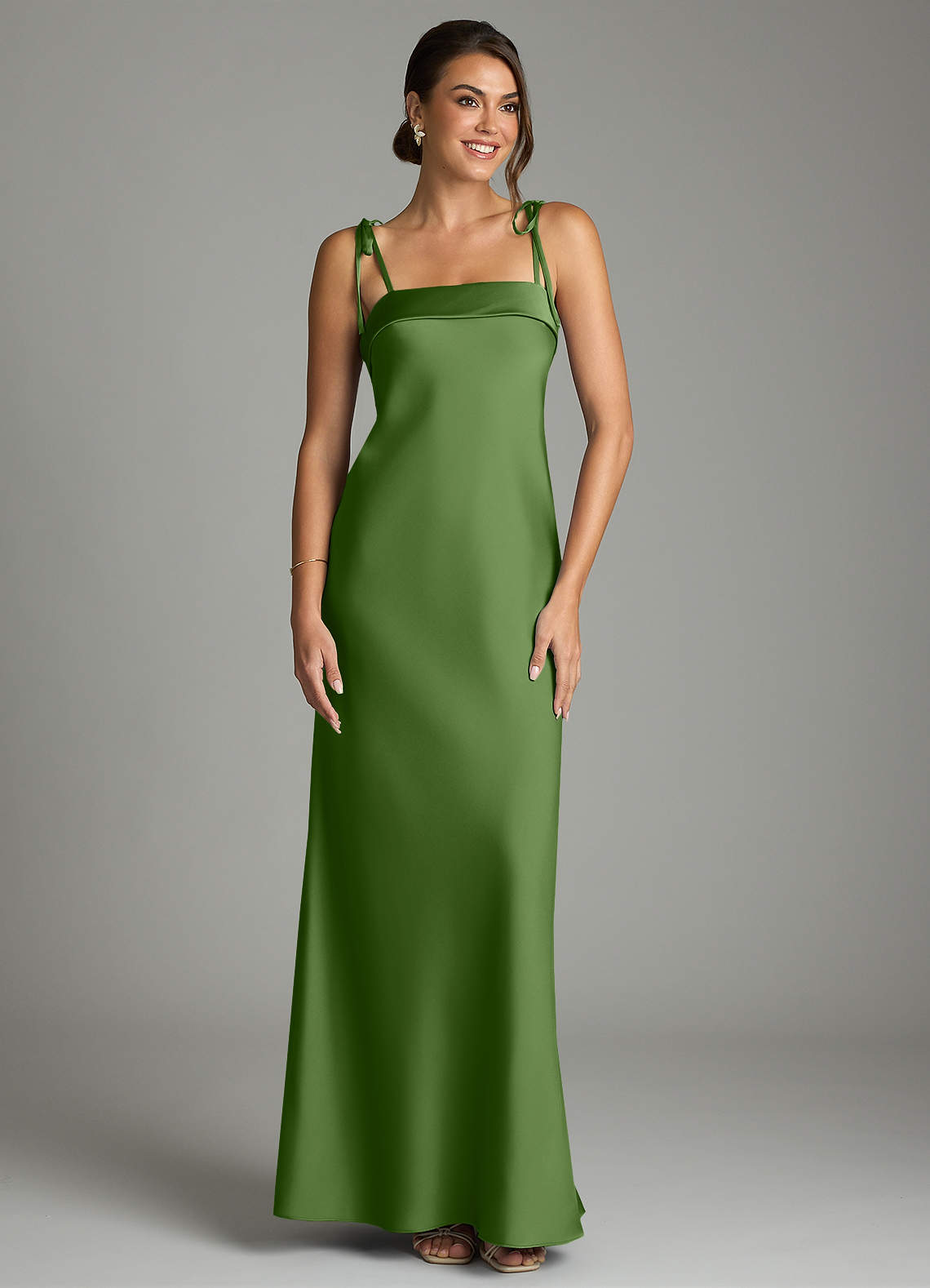 basil green bridesmaid dresses Azazie Ellia fit_Slim Sylvie Satin Short Sleeve Style:Style #72520 Halter Neck Our multiway