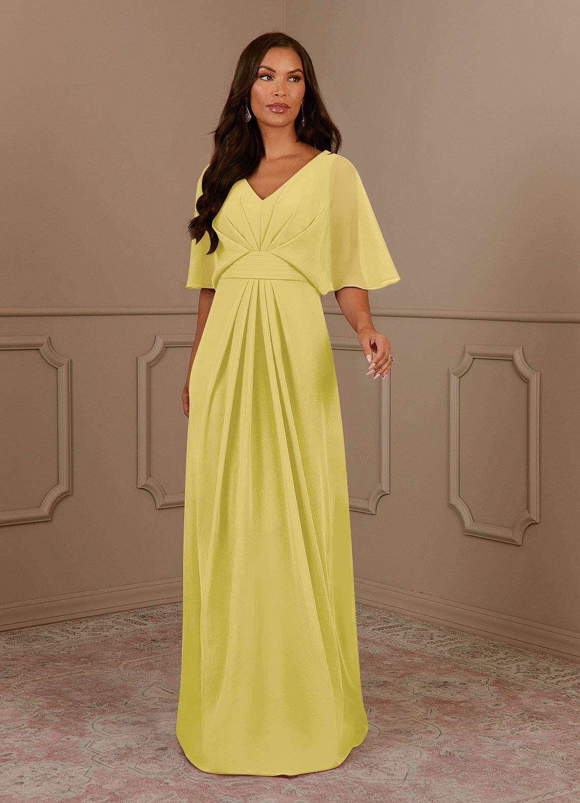 Azazie Oksana Mother of the Bride Dresses Canary A-Line V-Neck Pleated Chiffon Dress image5