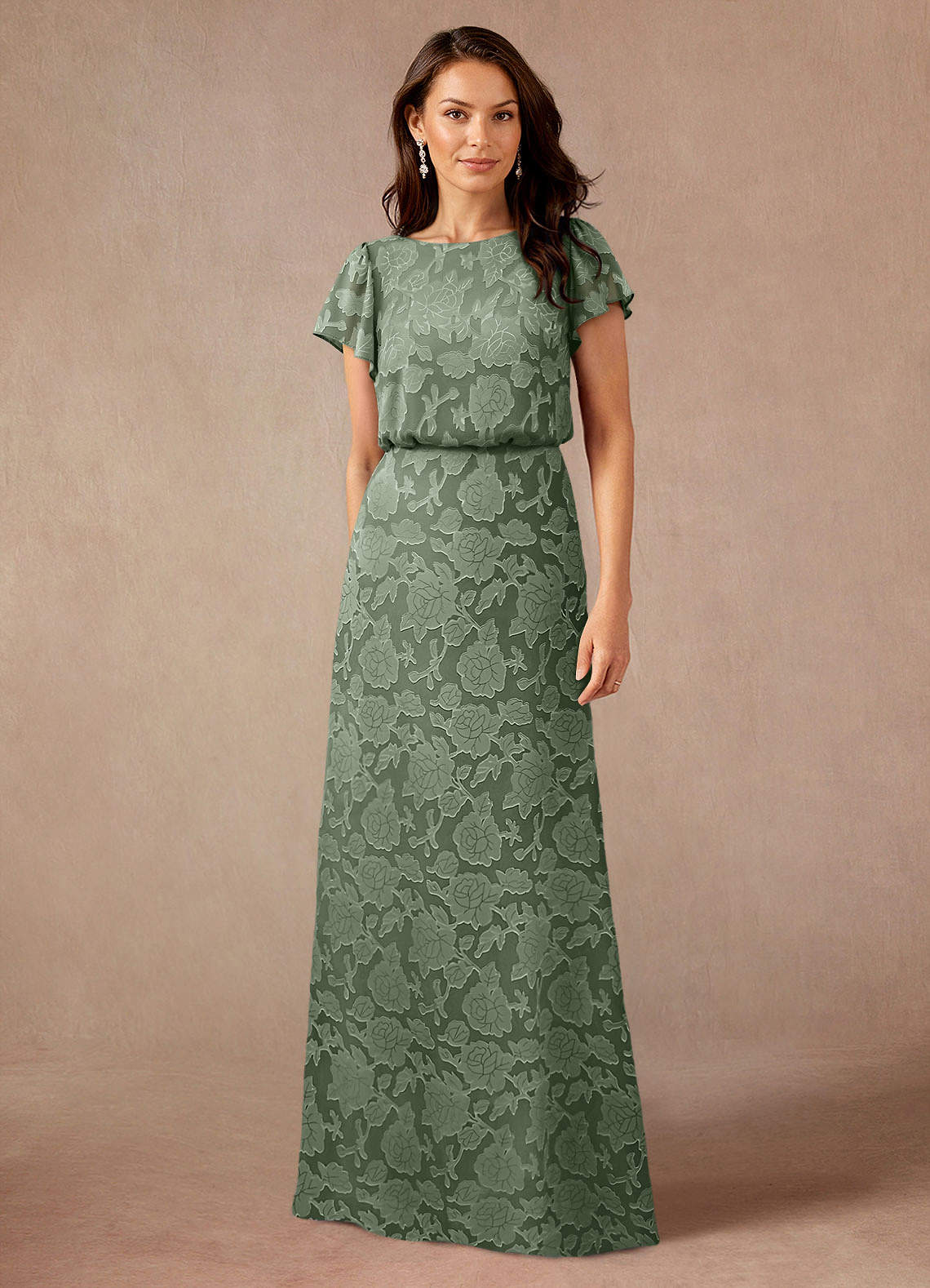 Azazie Lehi Mother of the Bride Dresses Matcha A-Line Boatneck Floral Burnout Dress image1