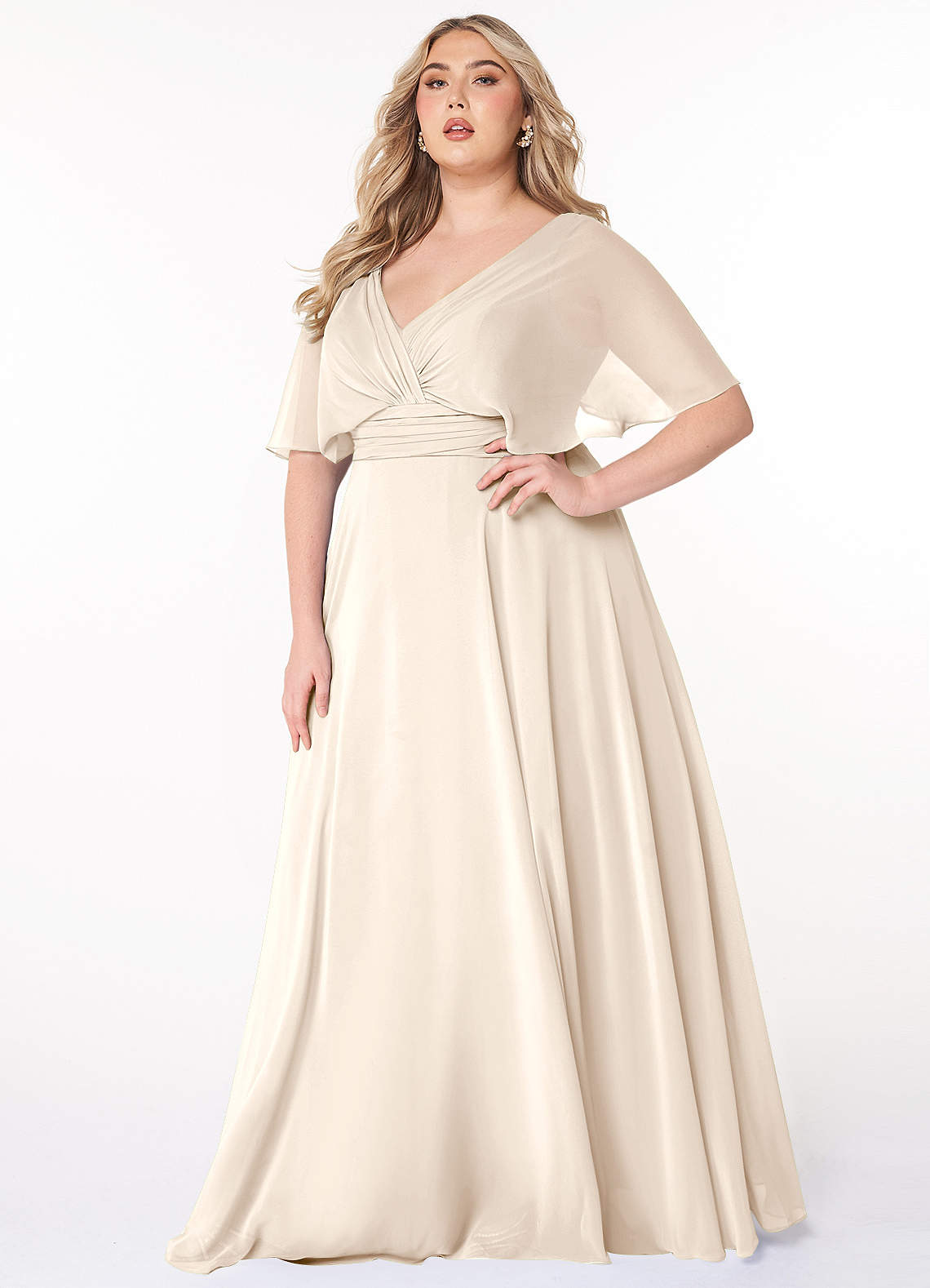 Azazie Pamela Bridesmaid Dresses White Alabaster A-Line V-Neck Pleated Chiffon Dress image1