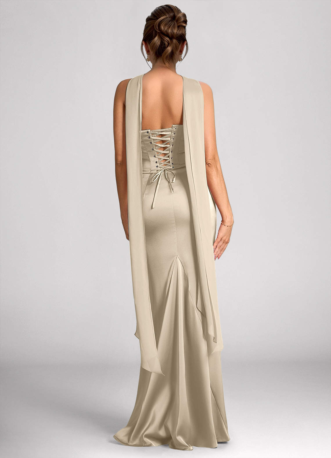 Calista Champagne Luminous Satin Maxi Dress | Azazie