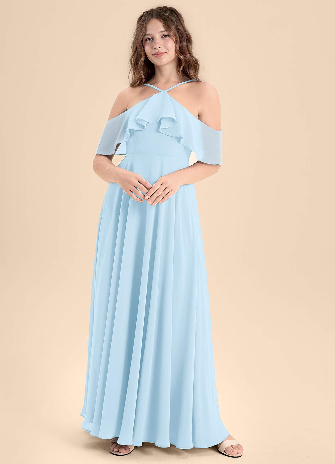 Azazie Tessabelle Junior A-Linie Schulterfrei Chiffon Kleid Himmelblau image1