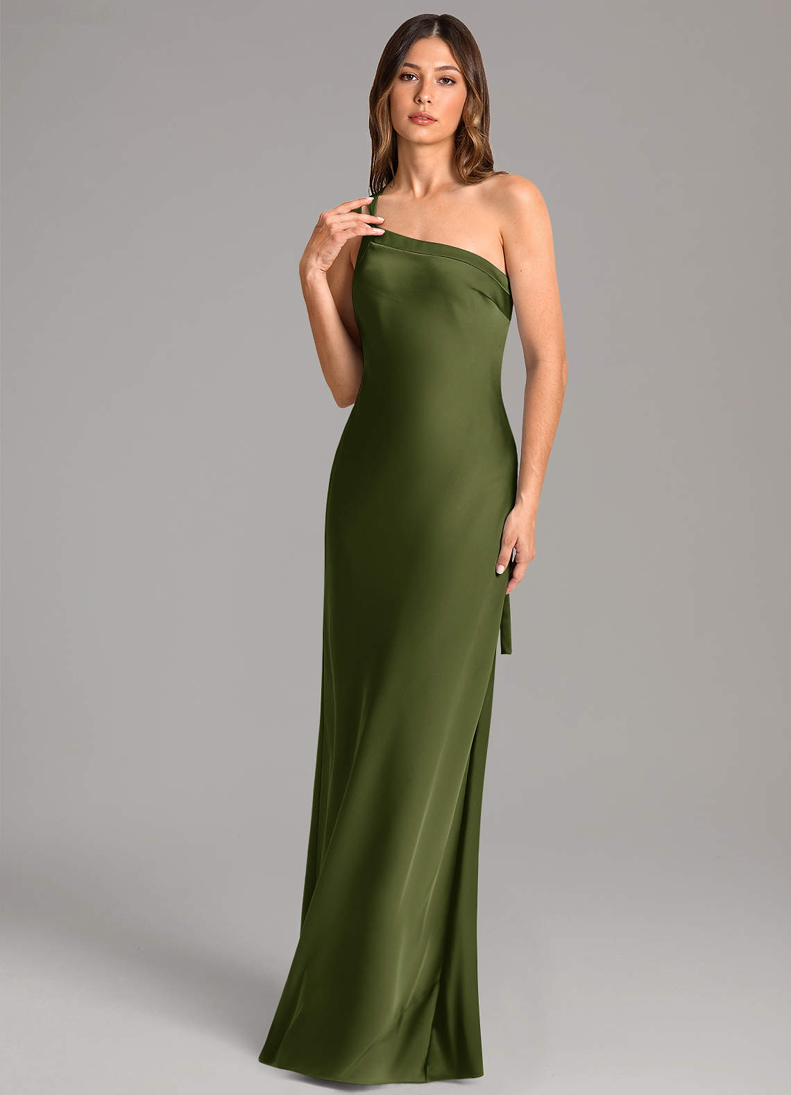 Azazie Monroe Bridesmaid Dresses Olive Mermaid One Shoulder Stretch Satin Dress image1
