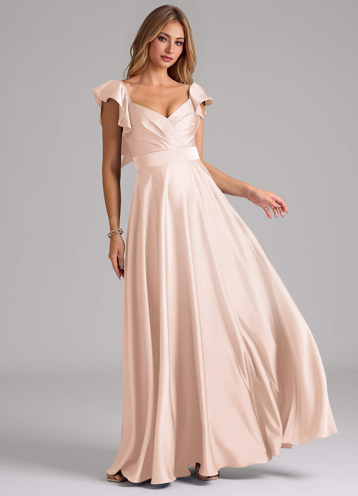 Azazie Leilani Bridesmaid Dresses Blushing Pink A-Line Ruched Stretch Satin Dress image1