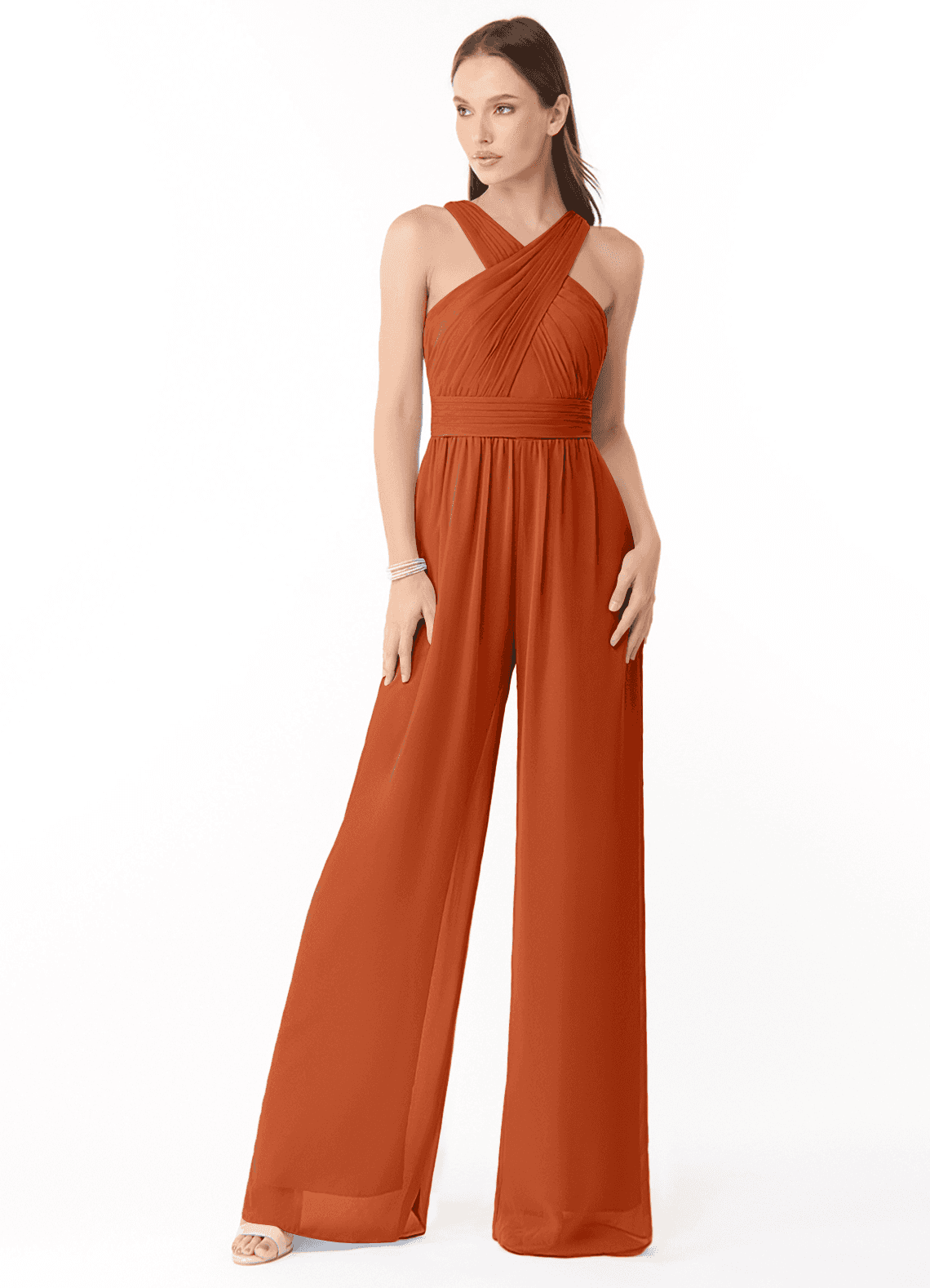 Azazie Berdie Vestidos de damas de honor Naranja Quemada de Gasa de Mono con Halter image1