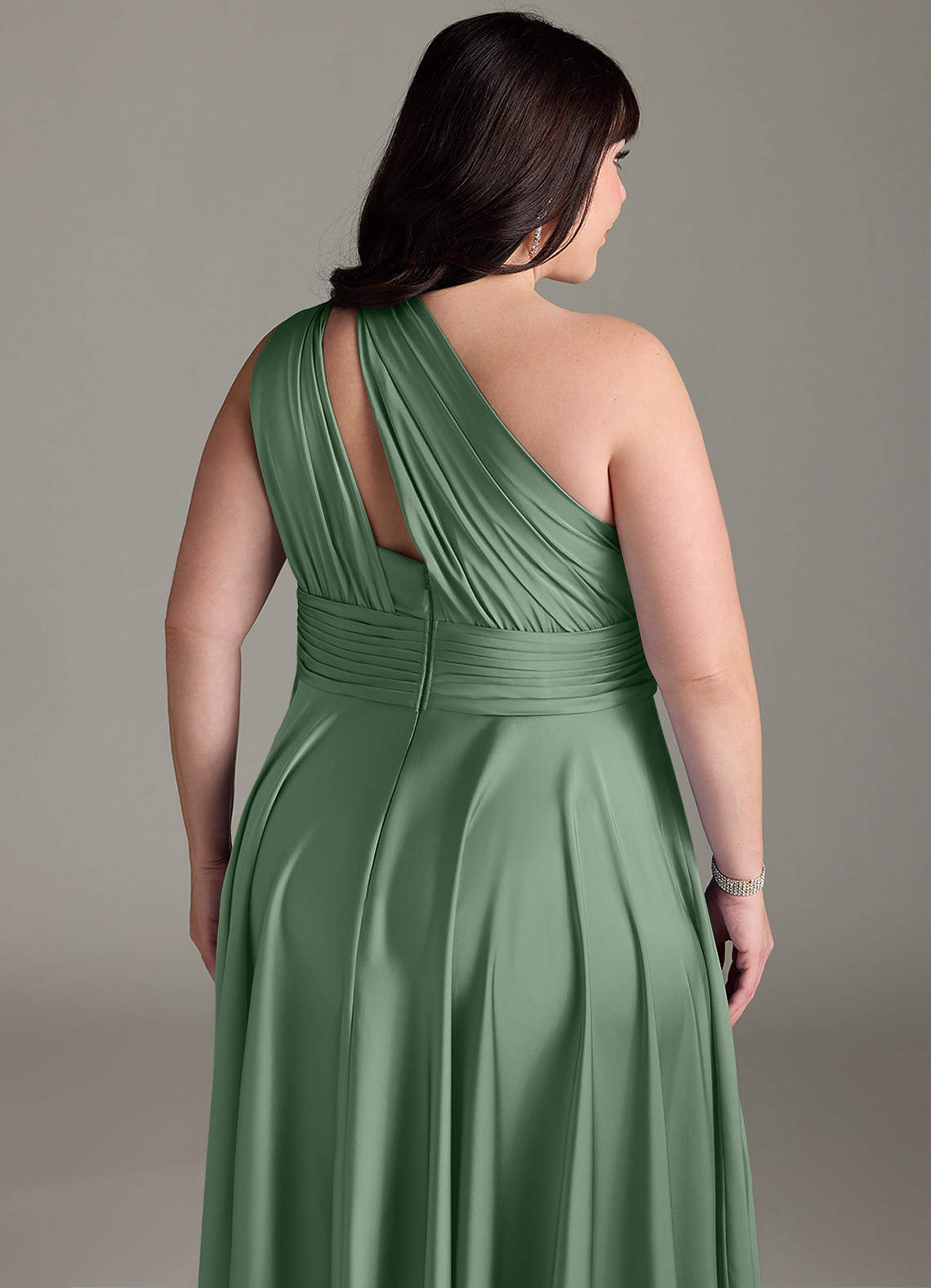 Azazie Charlize Vestidos de damas de honor Vestido de Matcha de Satén Elástico de Corte en A con Hombro unilateral image15