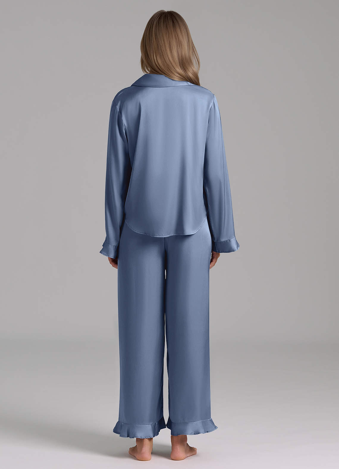 front Matching Color Ruffled Satin Long Sleeve Pajama Set