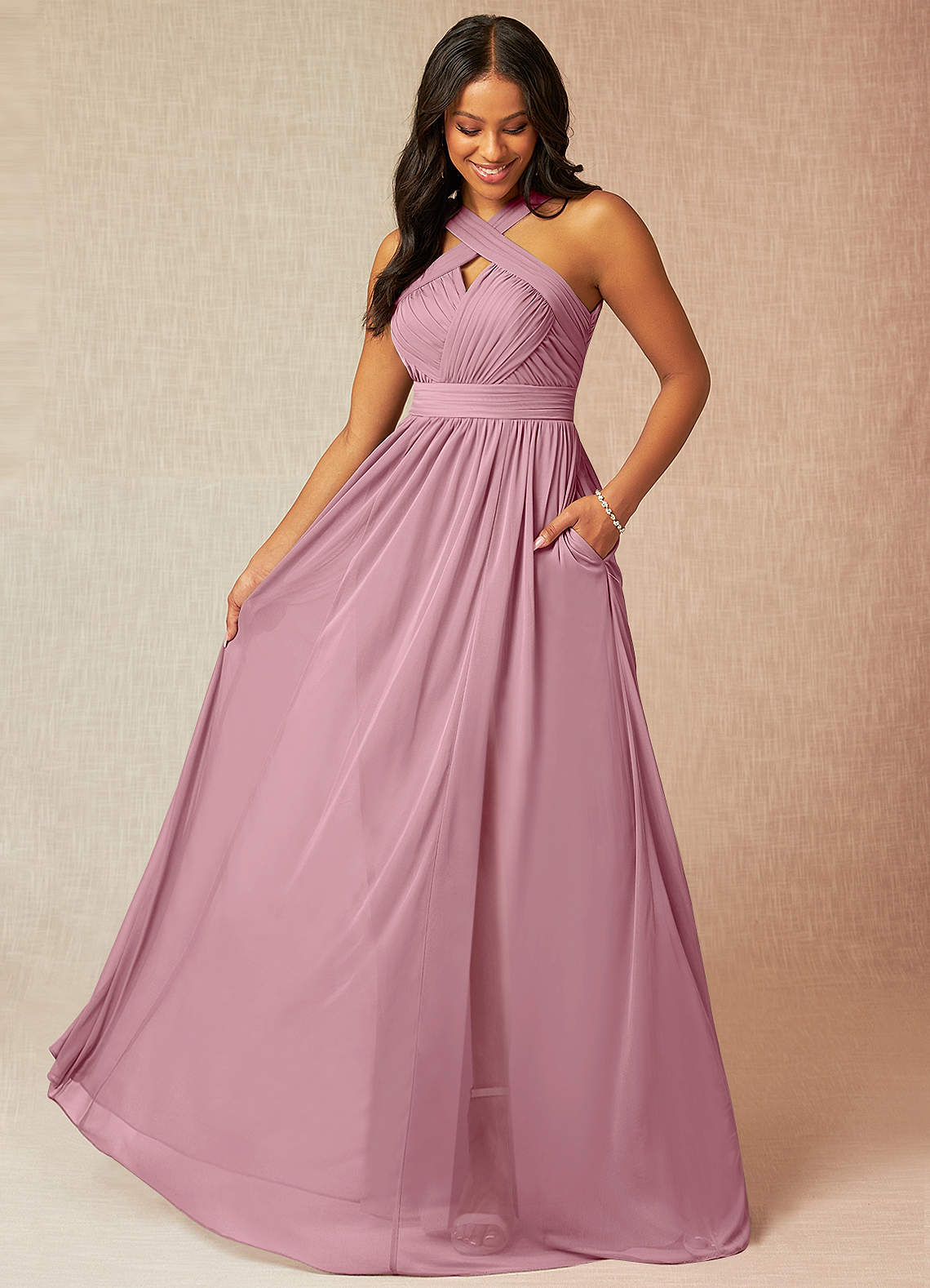 Azazie Hillian Bridesmaid Dresses Vintage Mauve A-Line Halter Pleated Mesh Dress image1