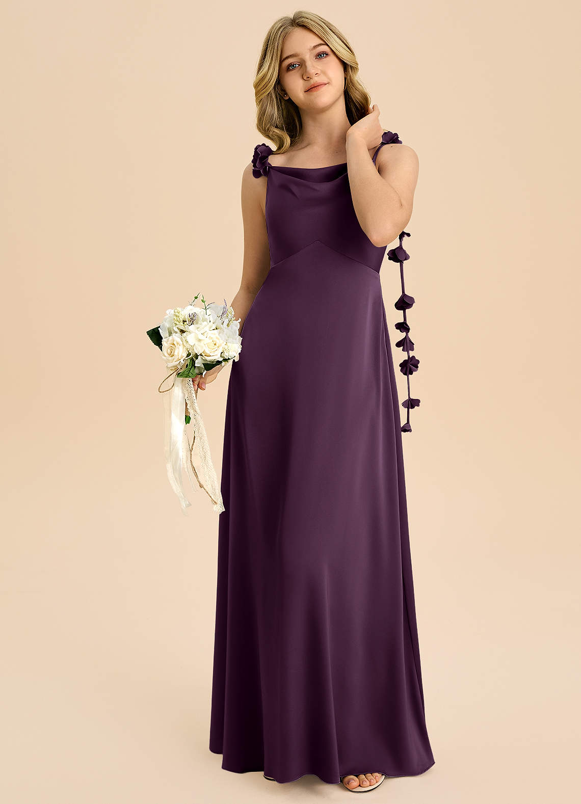Azazie Gumdrop Junior Plum Empire Pleated Stretch Satin Dress image1