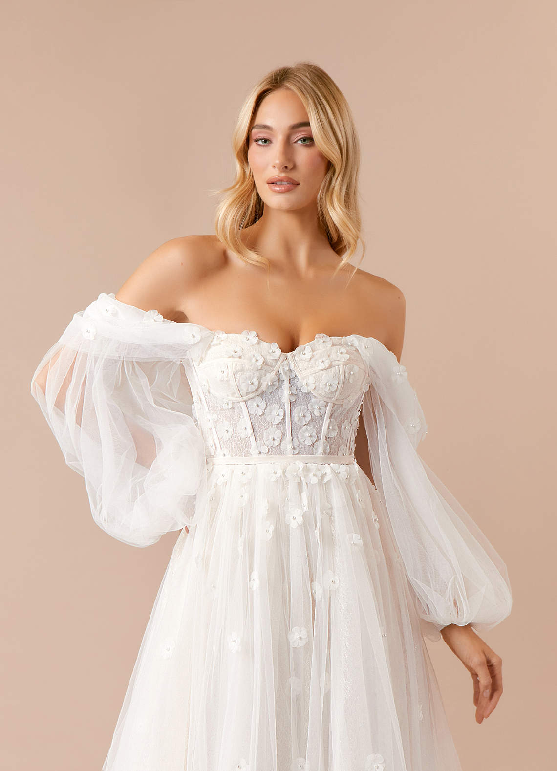 Azazie Airellie At-home Try On Dresses Diamond White Champagne A-Line Off the Shoulder Tulle Dress image5
