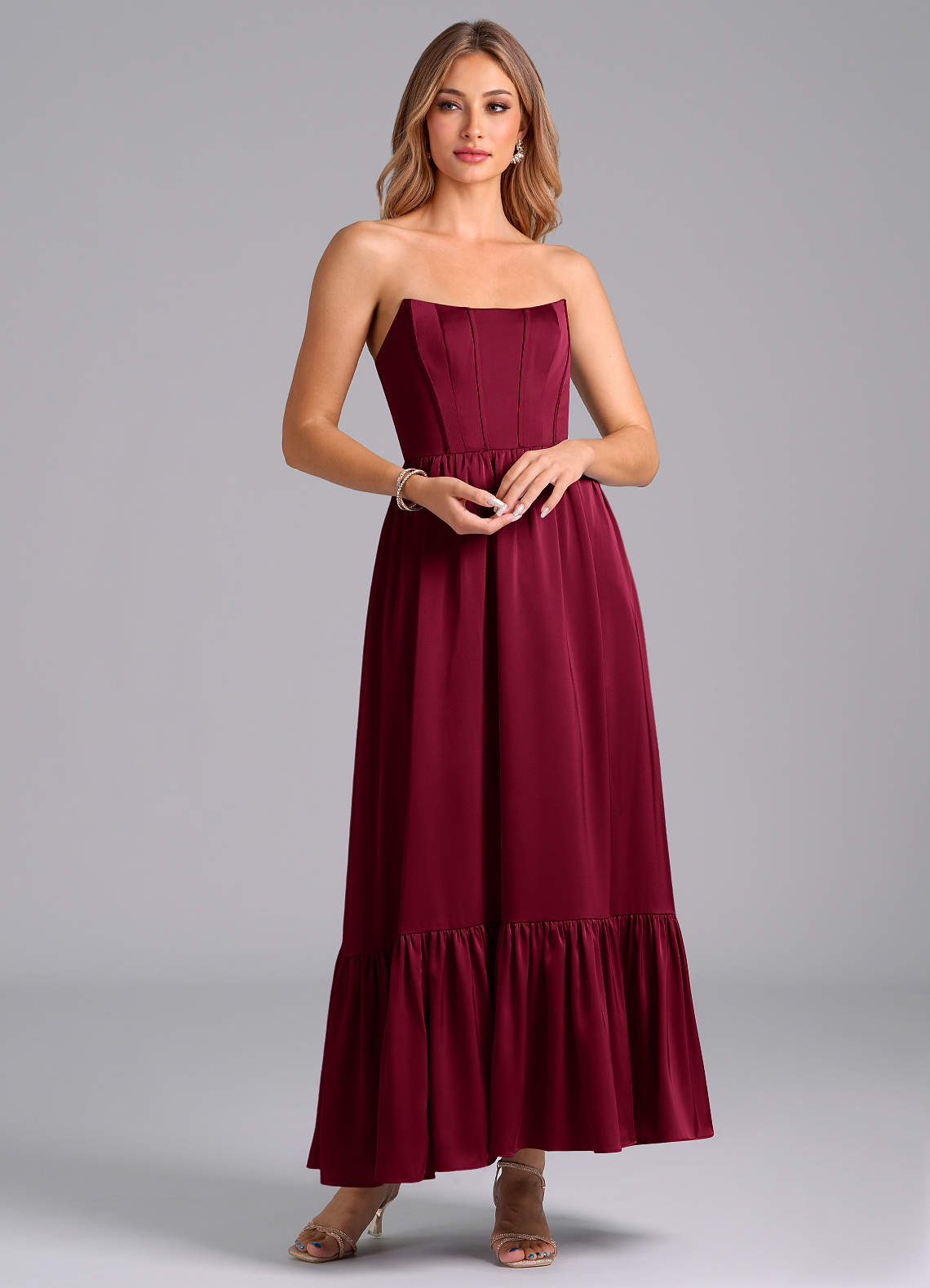 Azazie Leilana Bridesmaid Dresses Burgundy A-Line Corset Stretch Satin Dress image1