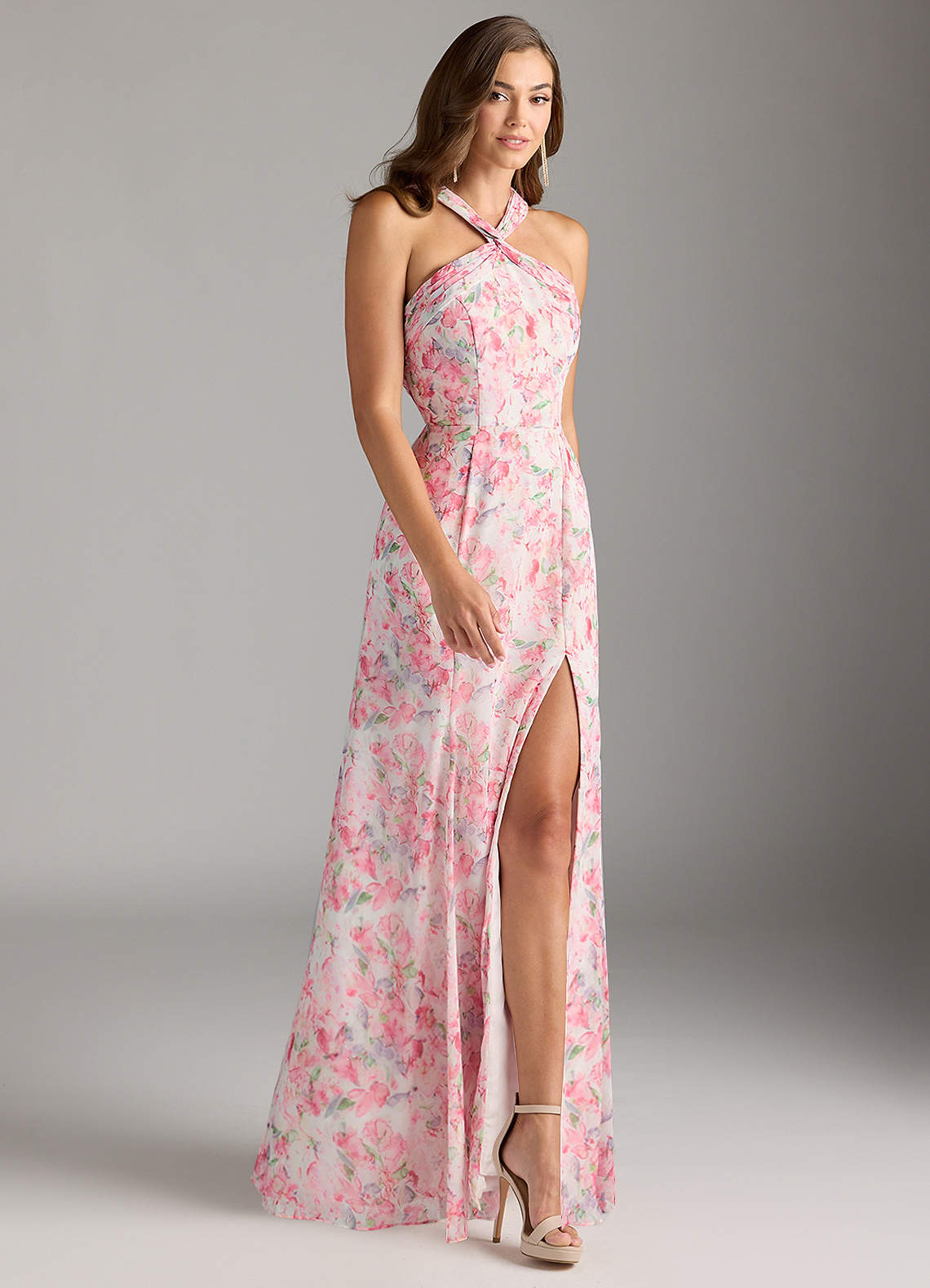 Azazie Rue Bridesmaid Dresses Abstract Watercolor Floral A-Line Halter Chiffon Dress image1
