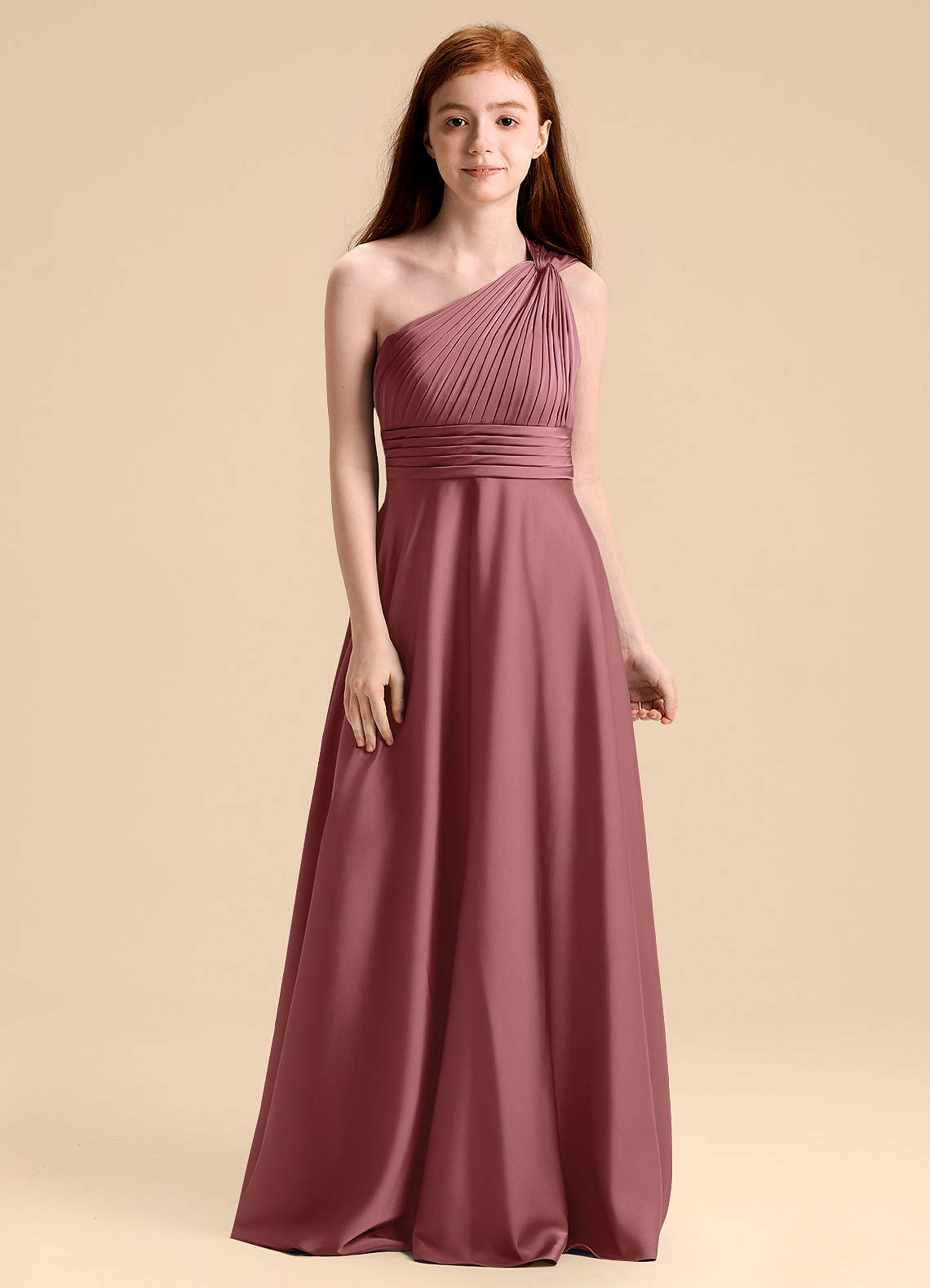 Azazie Charlize Junior Vestido de Amatista de Satén Elástico de Corte en A con Plisado image1