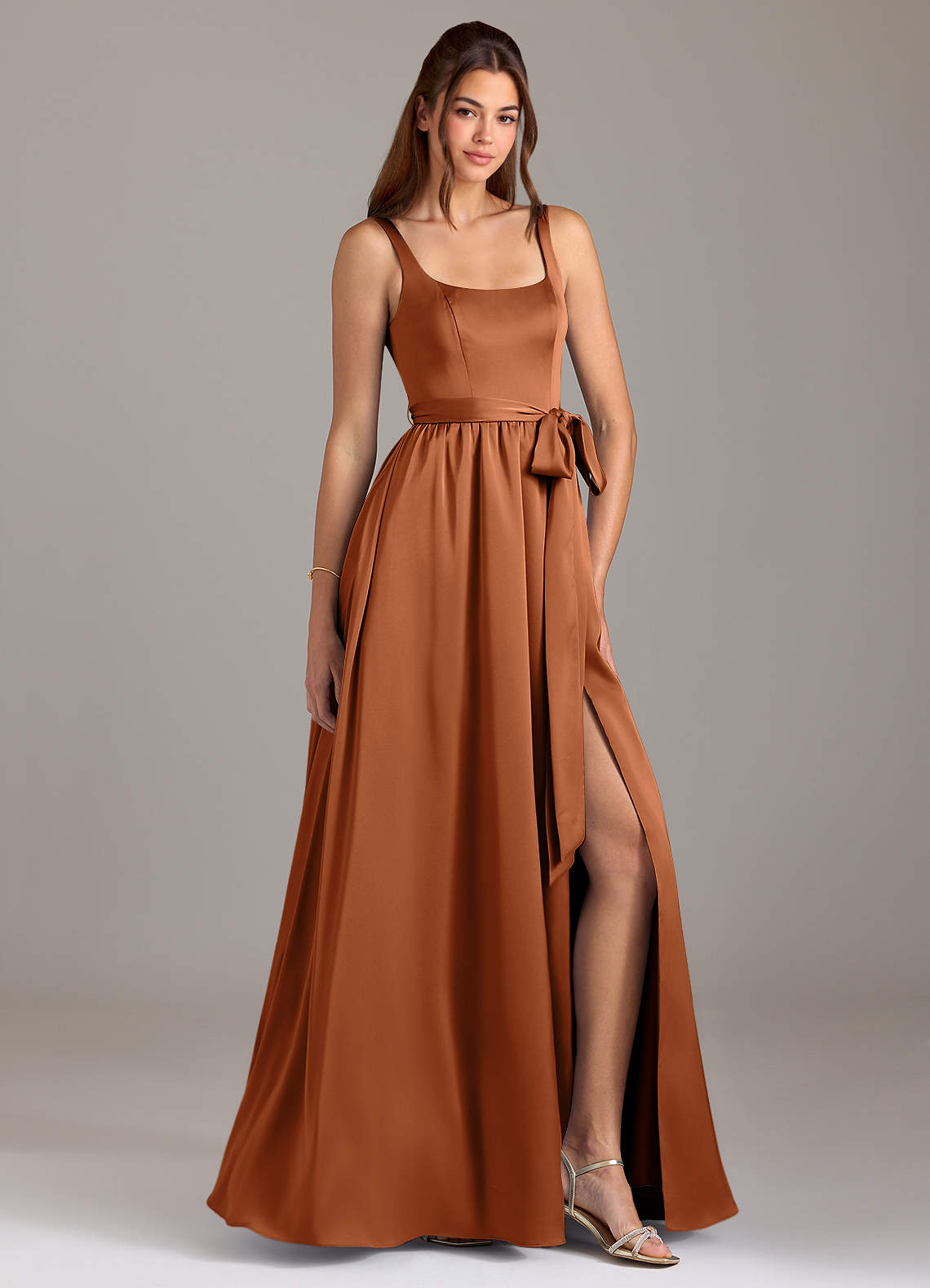 Azazie Elliott Bridesmaid Dresses Copper A-Line with Pockets Stretch Satin Dress image1