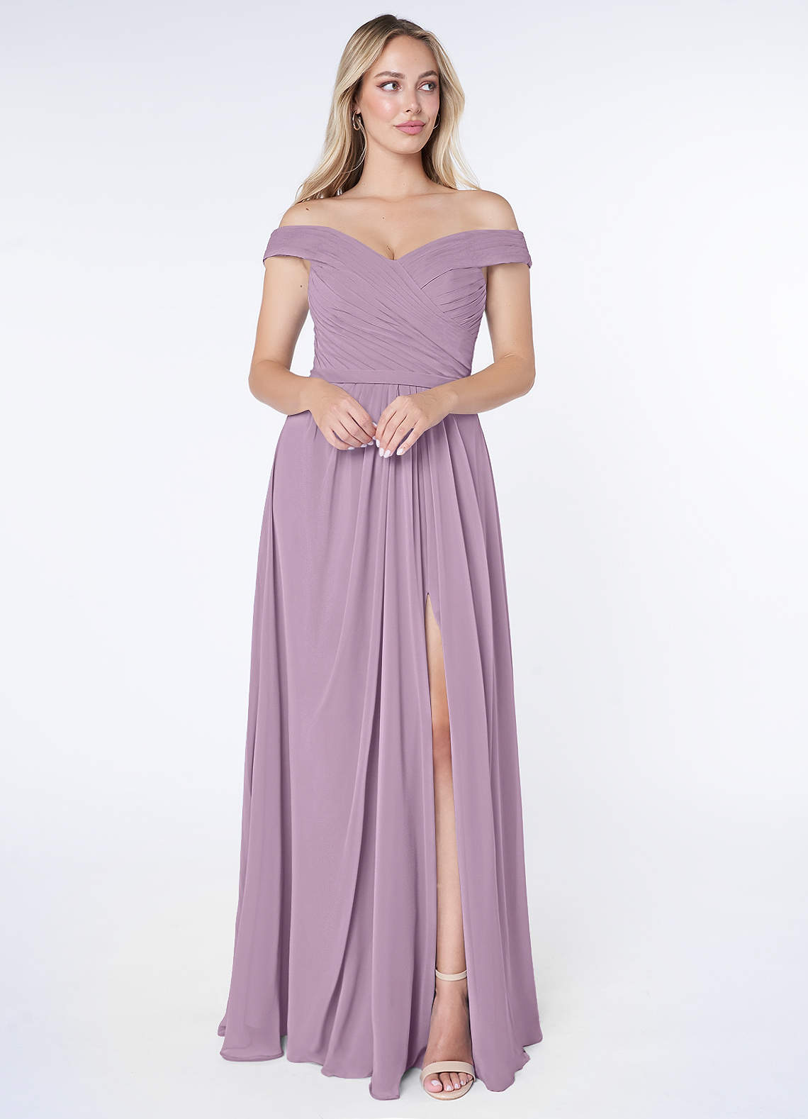 Azazie Audrianna Jurken voor bruidsmeisjes Converteerbaar Jurk van Chiffon met A-Lijn Off-the-shoulder verzameld Blauweregen image1