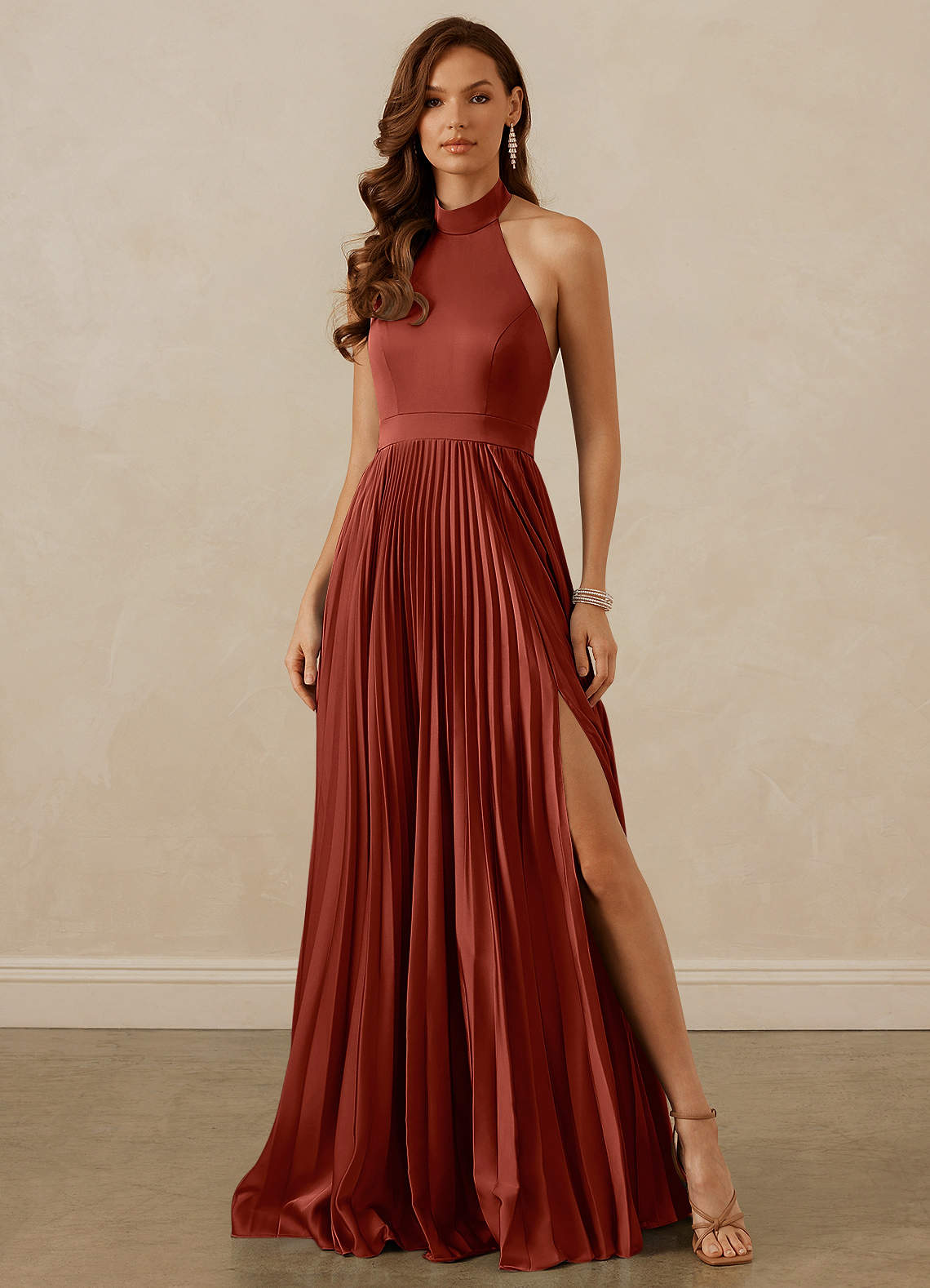 Christian Siriano Bridal for Azazie 1007 Bridesmaid Dresses Terracotta A-Line Pleated Stretch Satin Dress image1