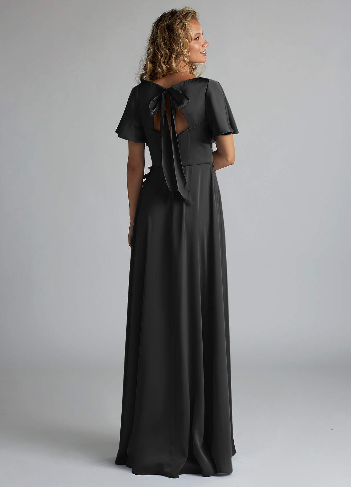 Azazie Kimber Bridesmaid Dresses Black A-Line Ruched Stretch Satin Dress image1