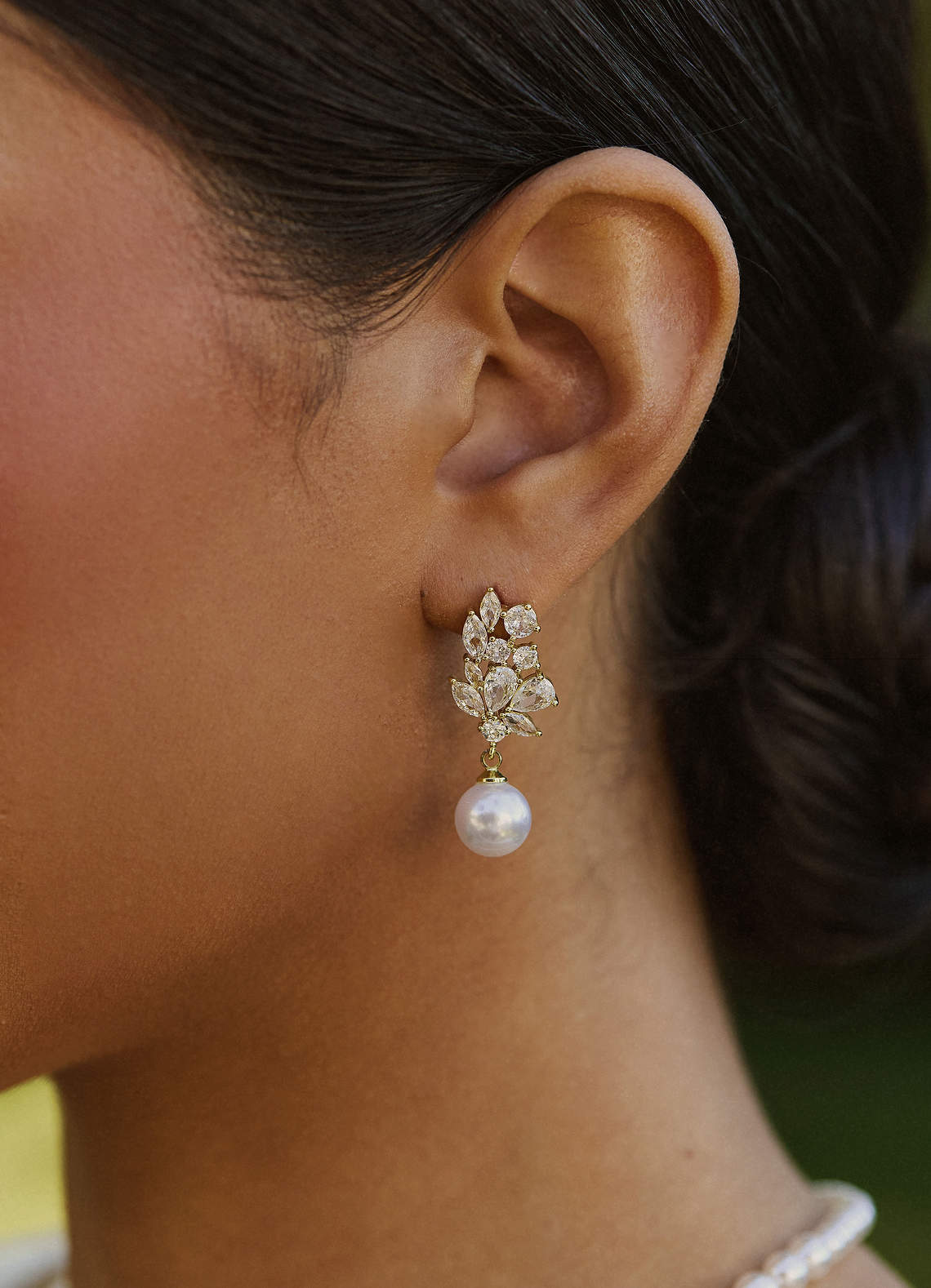 front Crystal Foliage and Pearl Dangle Earrings