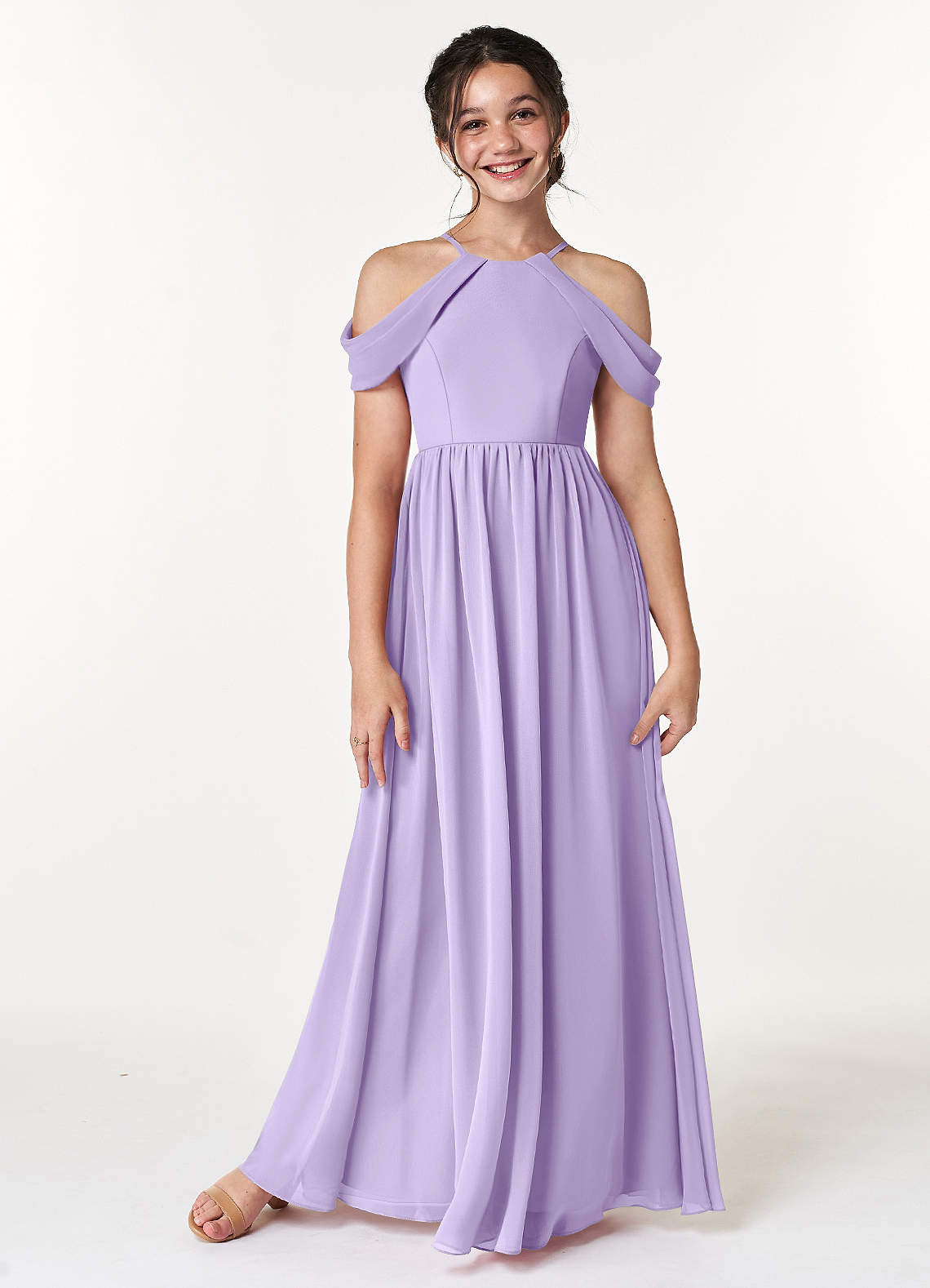 Azazie Seneca Junior Robe Trapèze en Mousseline de soie Épaule décolletée Lilas image1