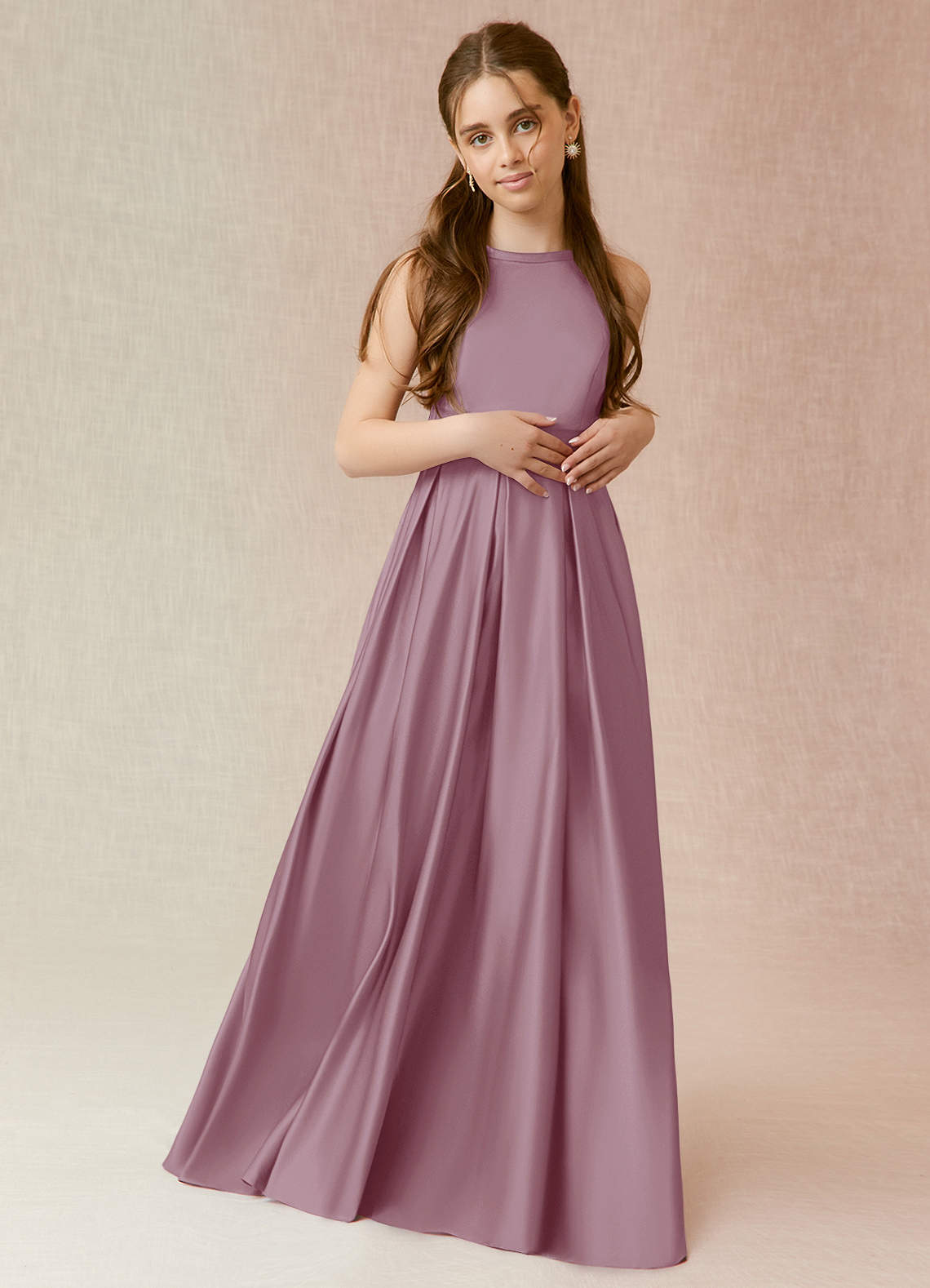 Azazie Arianthe Junior Vintage Mauve A-Line with Pockets Matte Satin Dress image1