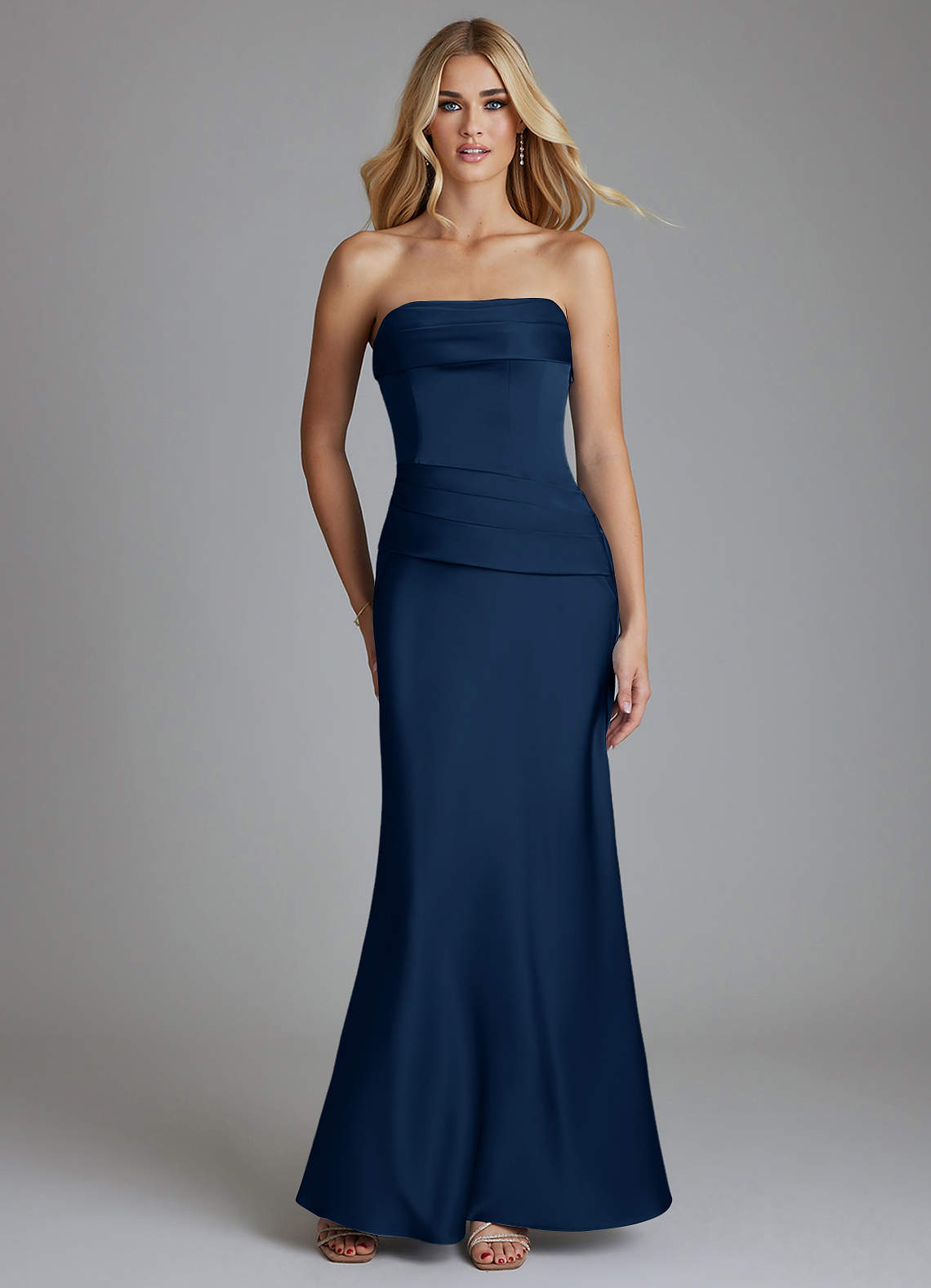 chinese dress ladies Edel Navy Satin Strapless Maxi Dress With Drape – Club L London main image 0