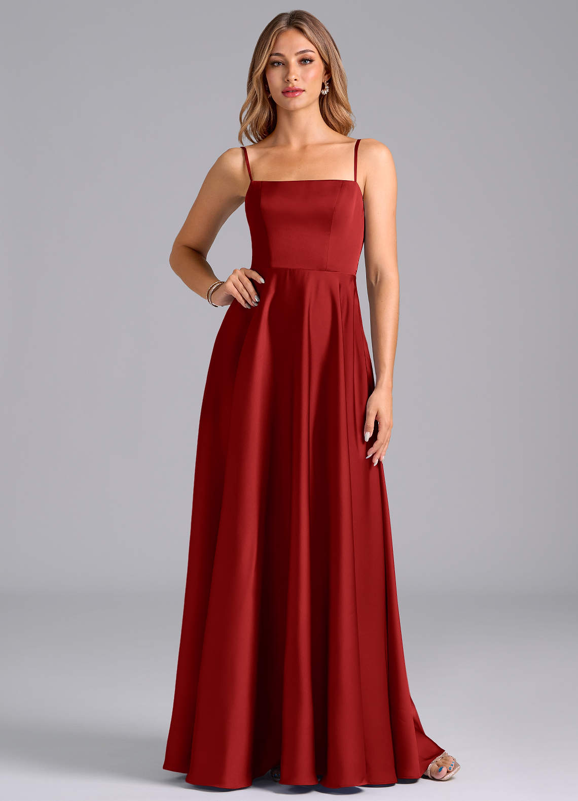 Azazie Elita Bridesmaid Dresses Pomegranate A-Line Pleated Stretch Satin Dress image1
