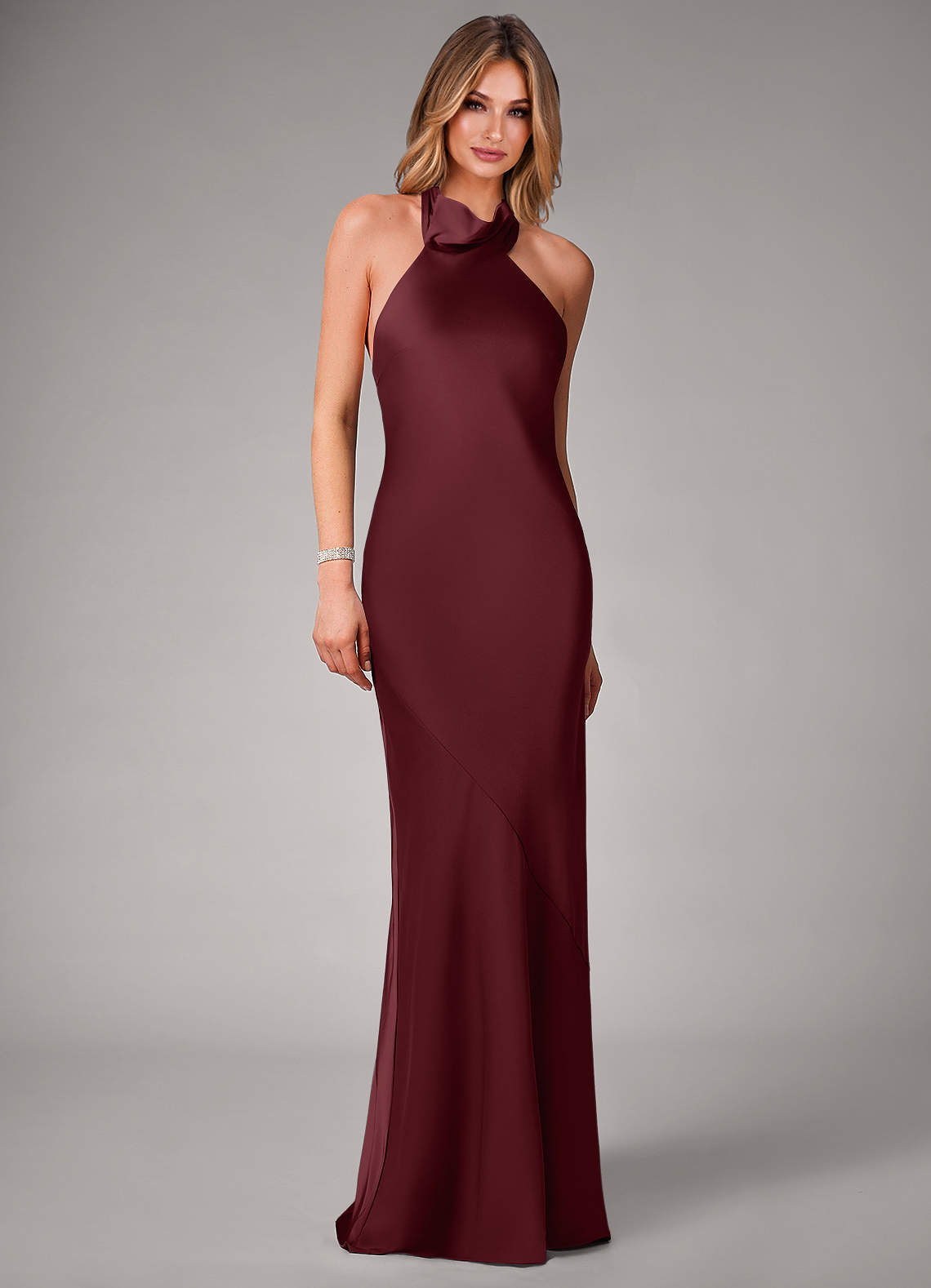 Azazie Velli Abiti da Damigella Abito Sirena in Raso Elasticizzato Collo Alto Cabernet image3