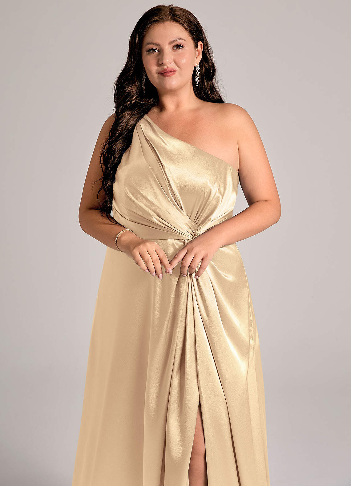 Azazie Brooke Gold Metallic Satin Bridesmaid Dresses | Azazie