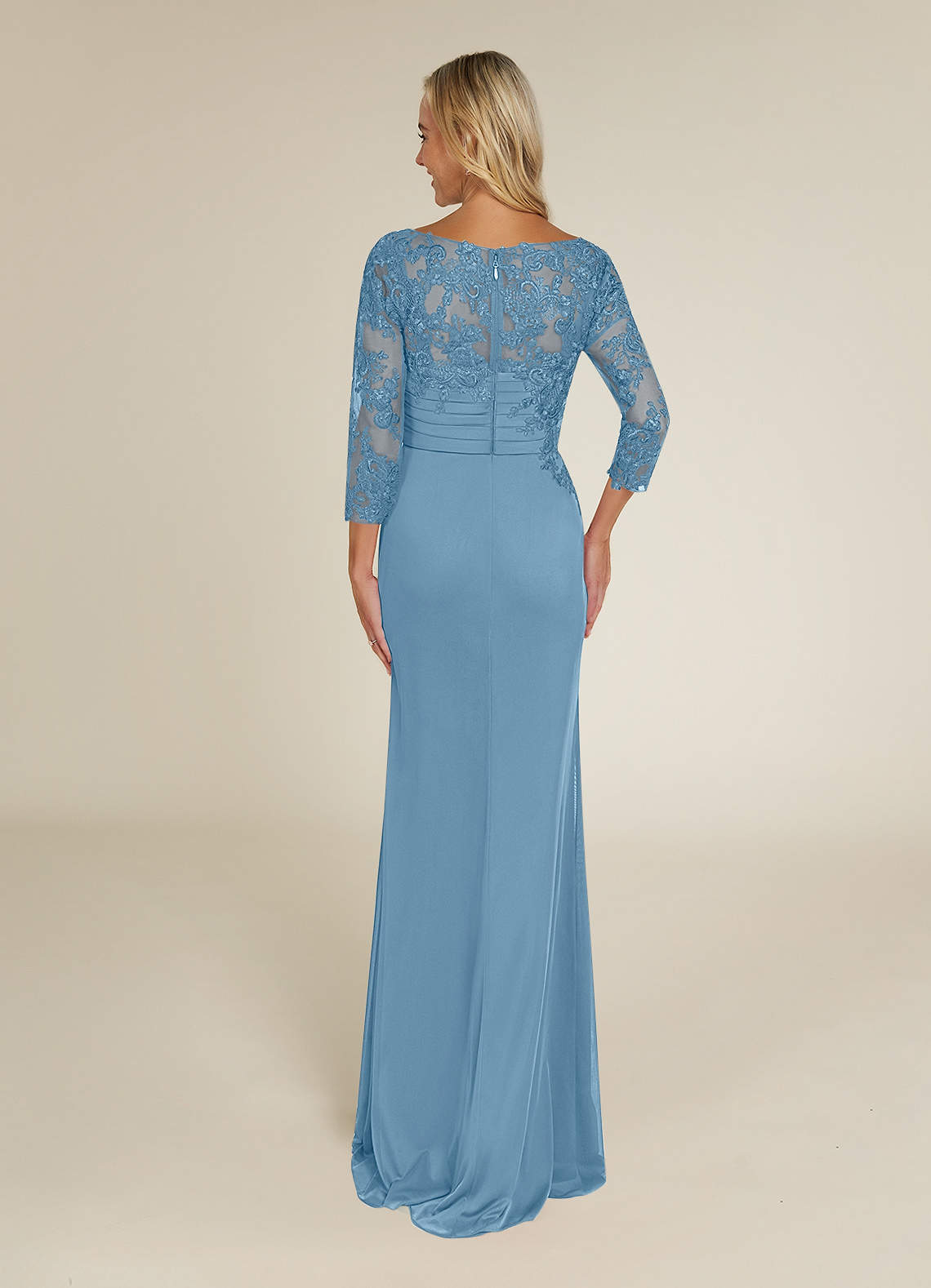 chinese dress ladies Elegant Steel Blue Lace Ruffle Deep V-Neck Dress with Band Sleeve Detailed main image 1