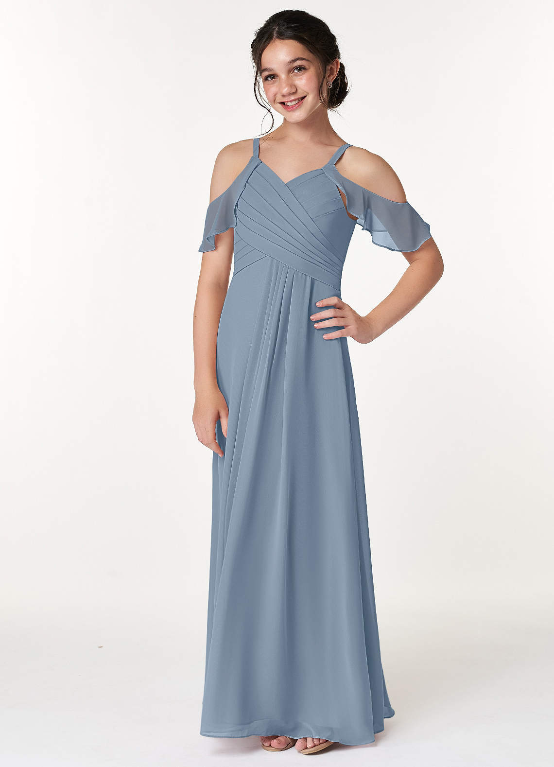 Azazie Dakota Junior Dusty Blue A-Line Off the Shoulder Chiffon Dress image4