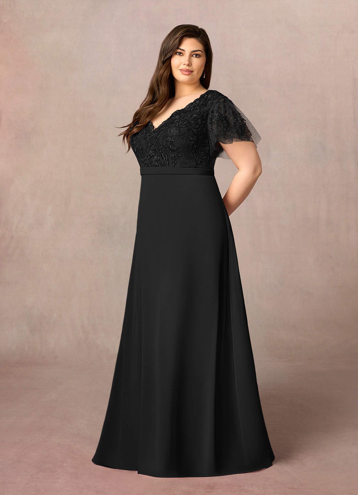 Azazie Singer Black A-Line V-Neck Lace Chiffon Dress | Azazie