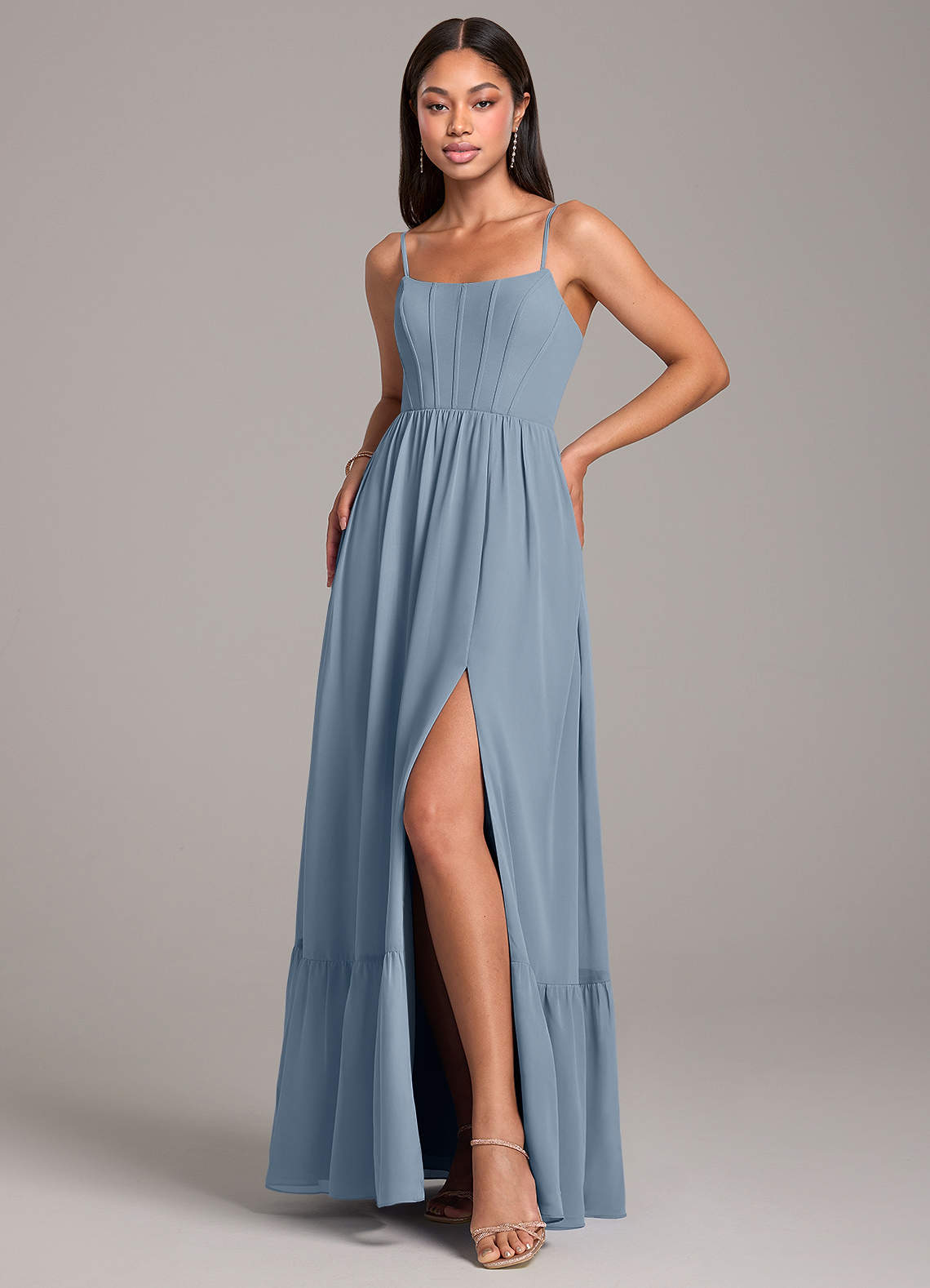 Azazie Kailee Jurken voor bruidsmeisjes Jurk van Chiffon met A-Lijn met Zakken Stoffig Blauw image4