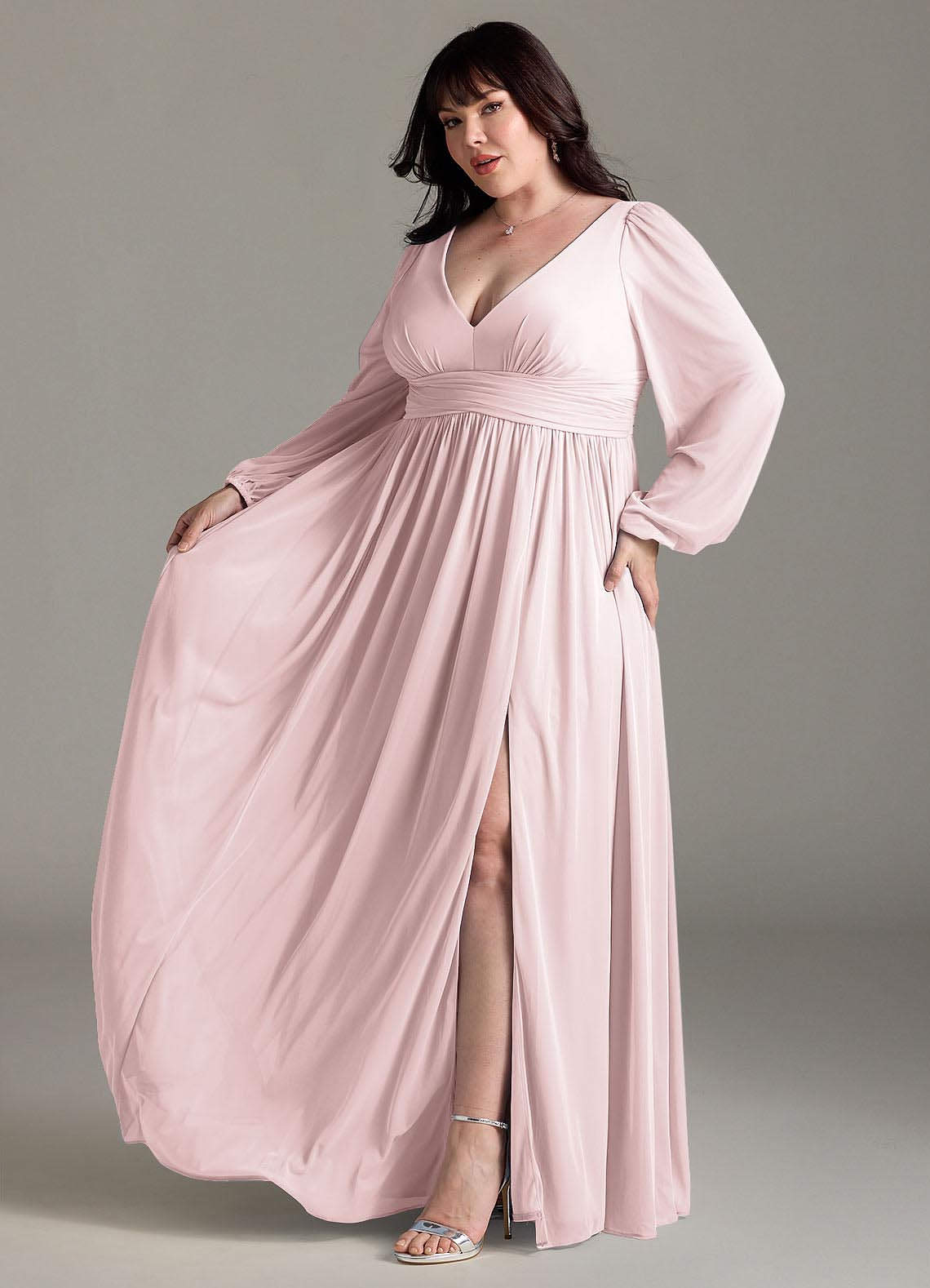 Azazie Norah Abiti da Damigella Abito A-Line in Chiffon con Maniche lunghe e Scollo a V Rosa Rossore image9