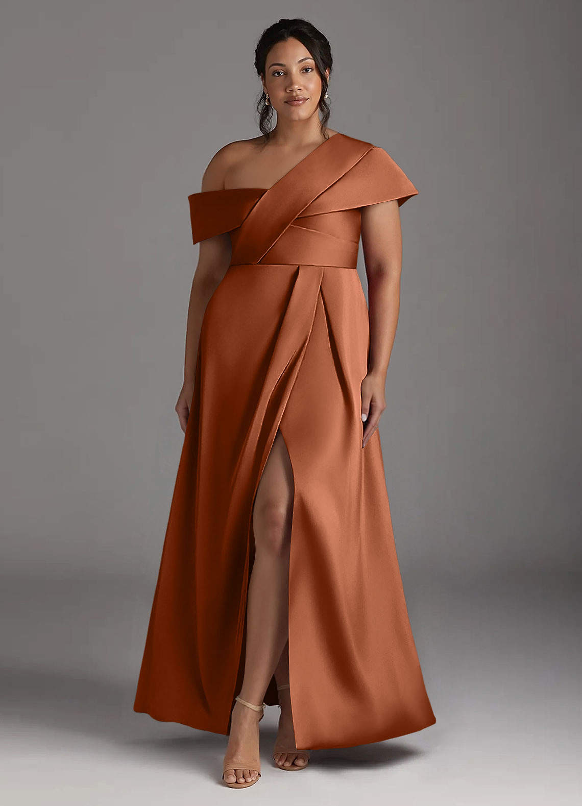 Azazie Milton Vestidos para mãe da noiva Vestido Cobre de Cetim elástico de Linha A com Plissado image1