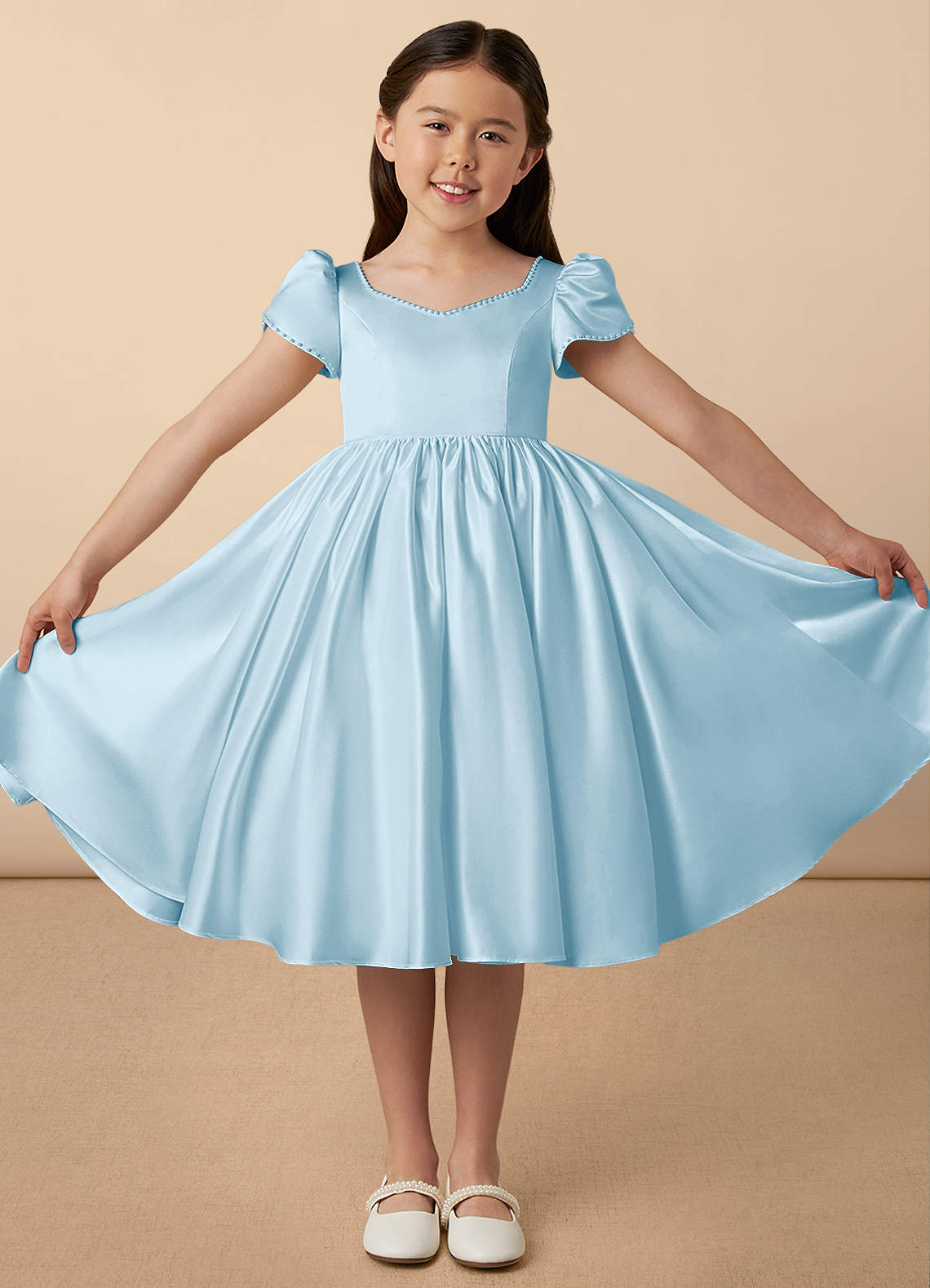 Azazie Juno Blumenmädchenkleider A-Linie Herzausschnitt Matte Satin Kleid Himmelblau image1