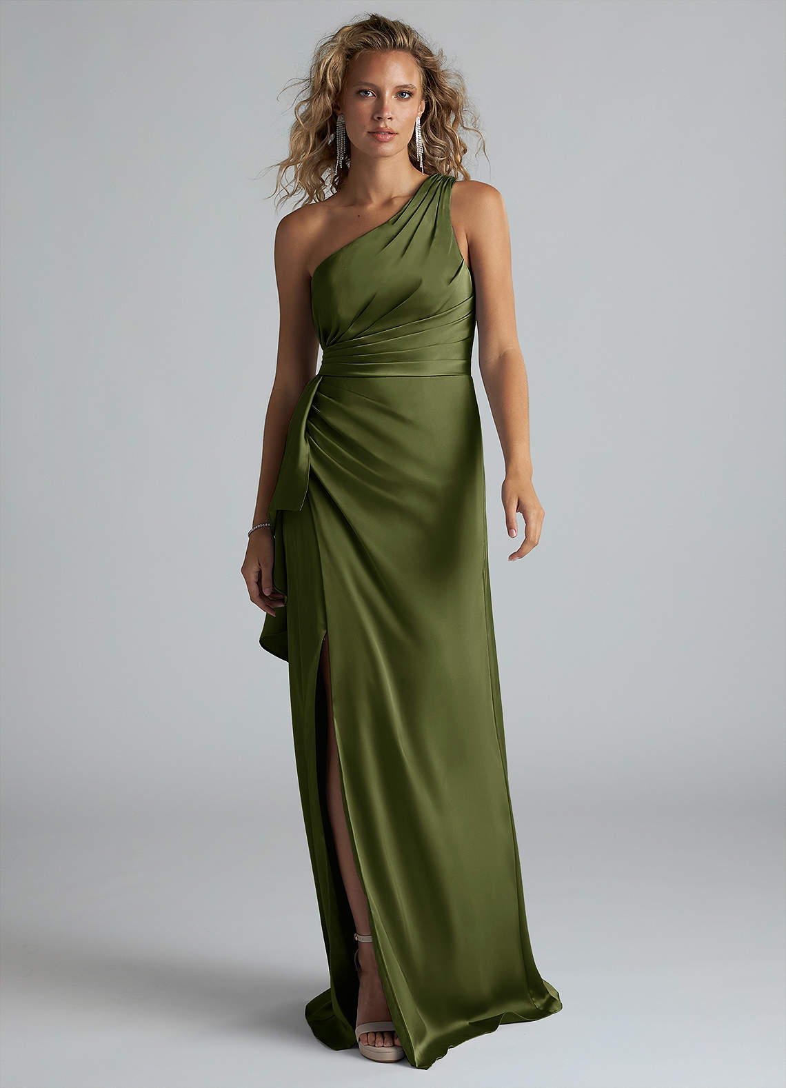 slim fit dress slacks Olive Green Stretch Satin Bridesmaid Dresses Halter Straps V-Neck Lace Up  Back Stretch Satin Bridesmaid Dress With Slit main image 0