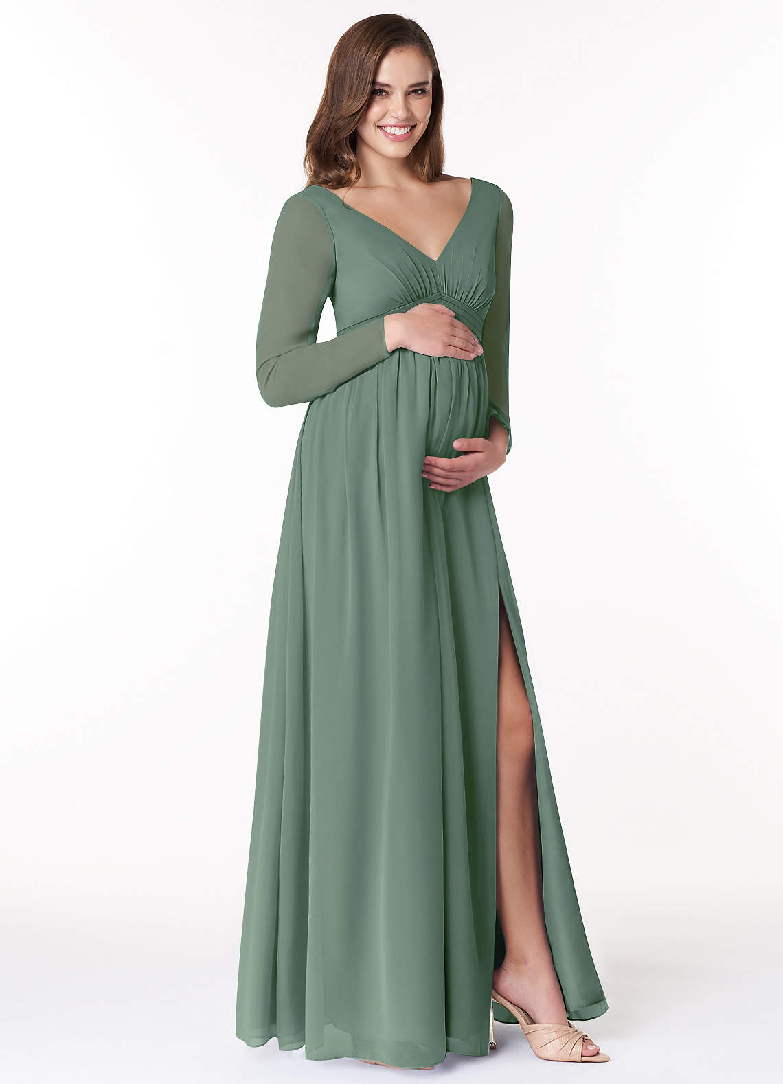 Azazie Teton Vestidos de dama de honra para maternidade Vestido Linha A Manga comprida Comprimento do chão Chiffon image3