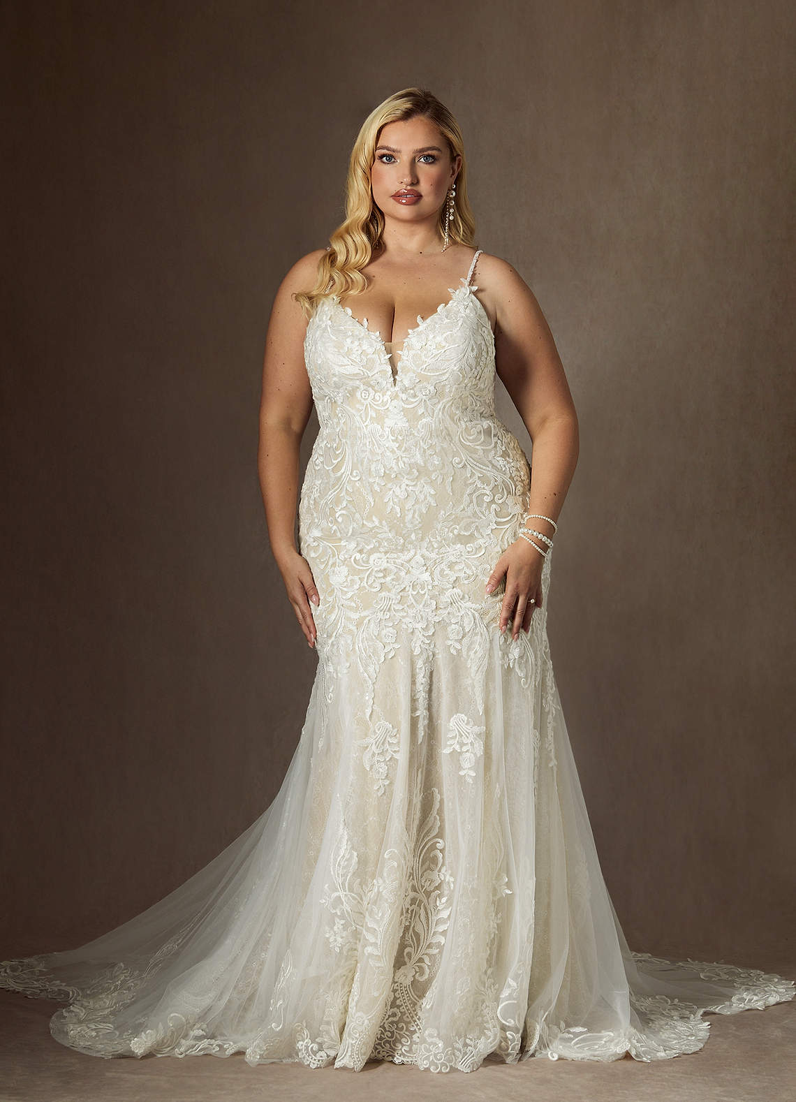 Azazie Camlynn Wedding Dresses Diamond White Champagne Mermaid V-Neck Sequins Tulle Dress image1