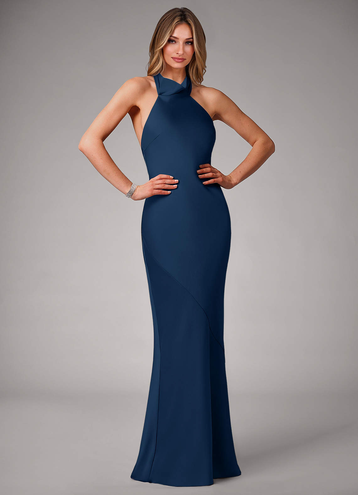 knee length dresses for ladies Plunging V-Neck Navy Mermaid Bridesmaid Dress QB2111 US4 / Custom Color main image 1