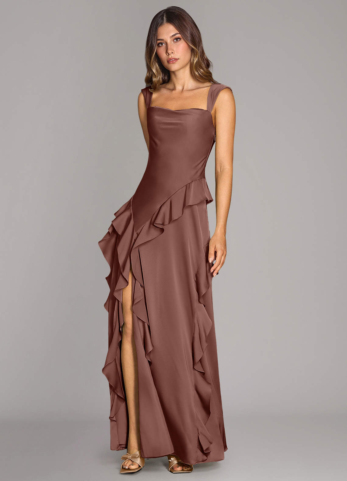 Azazie Sloane Vestidos de madrinha de casamento Vestir Café Expresso de Cetim elástico de Linha A com Decote em coração image3