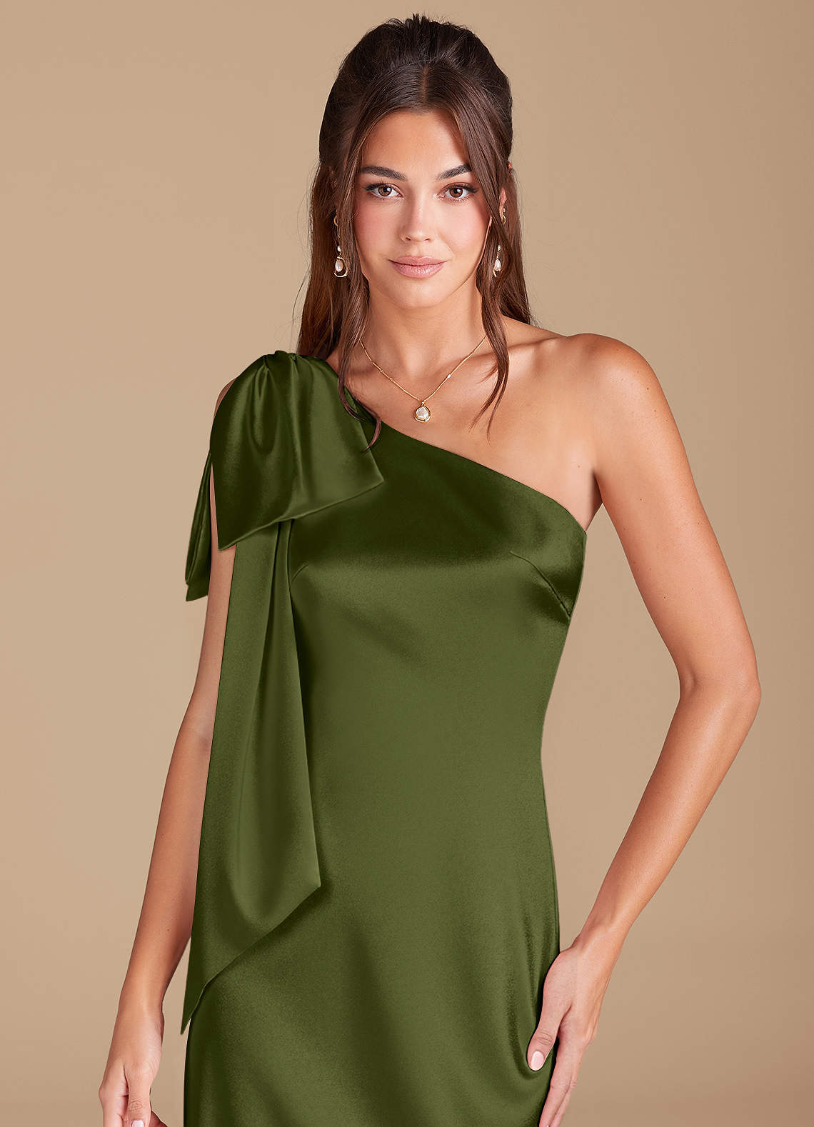 Azazie Capri Olive Metallic Satin Bridesmaid Dresses | Azazie