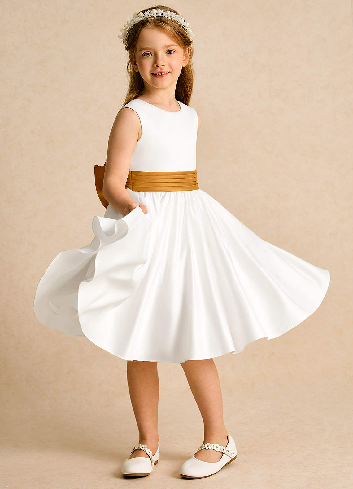 Azazie Sosie Flower Girl Dresses Ivory Butterscotch A-Line Pleated Matte Satin Dress image4